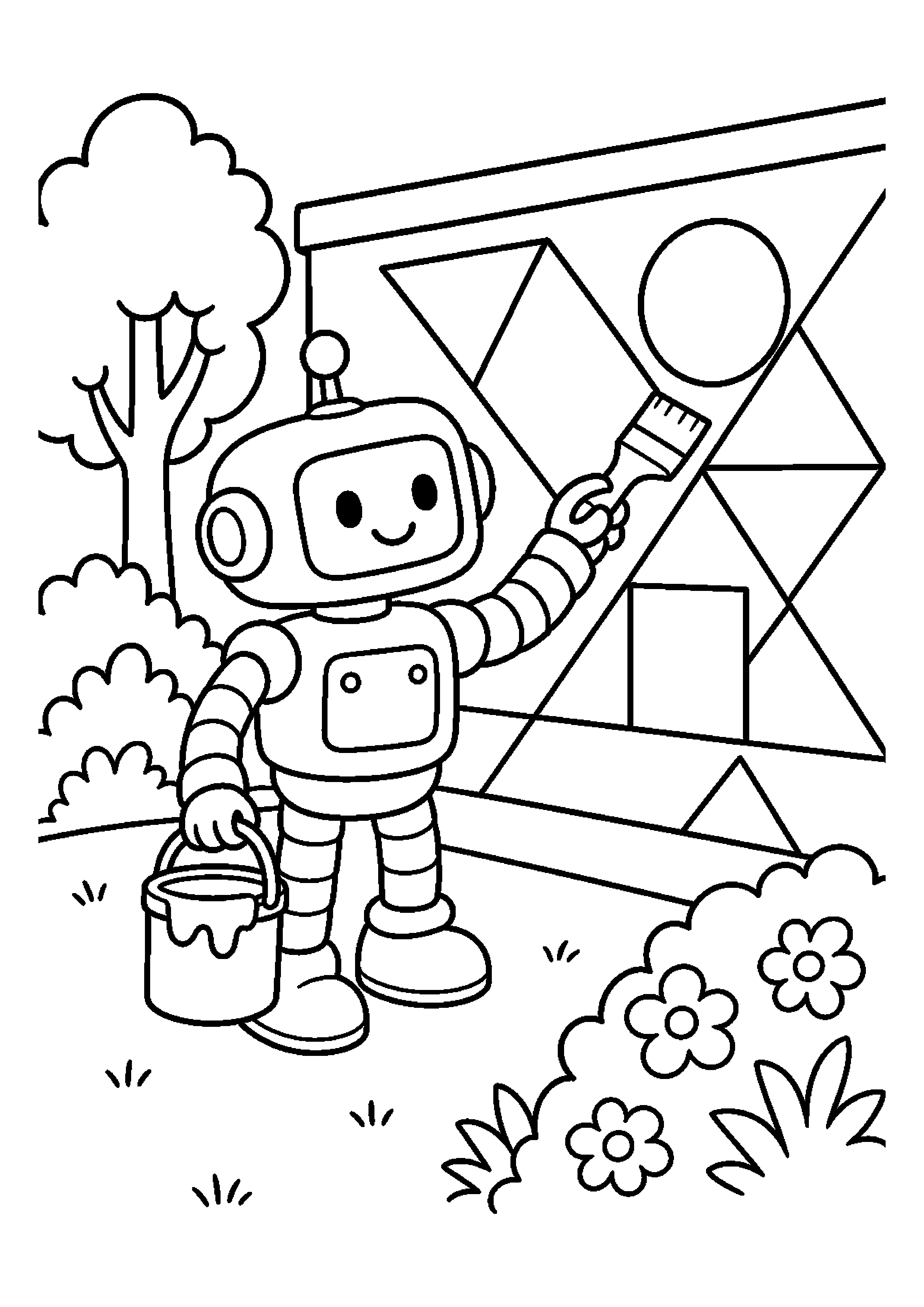 Robot malarz rysuje geometryczny wzór na ścianie szkolnego ogrodu