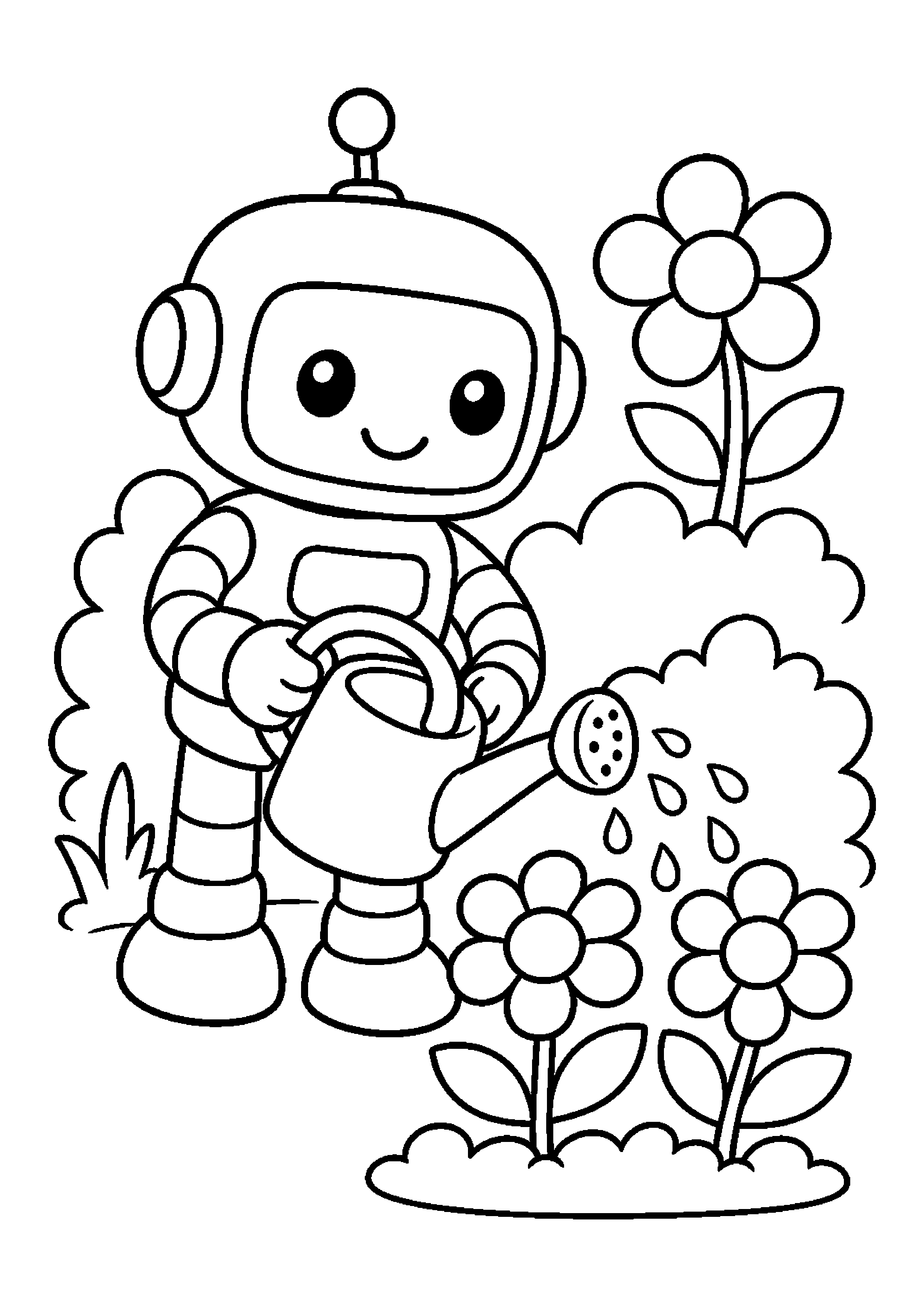 Mały robot pomocnik podlewa kwiaty w ogrodzie
