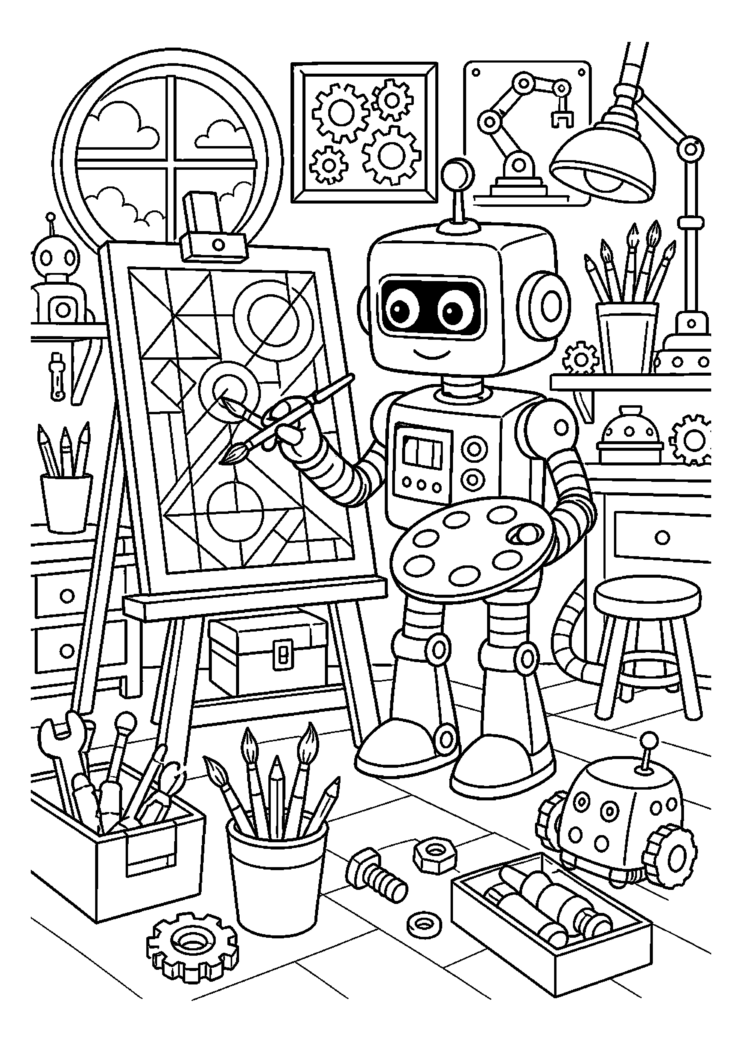 Robot malarz rysuje geometryczny wzór przy sztaludze
