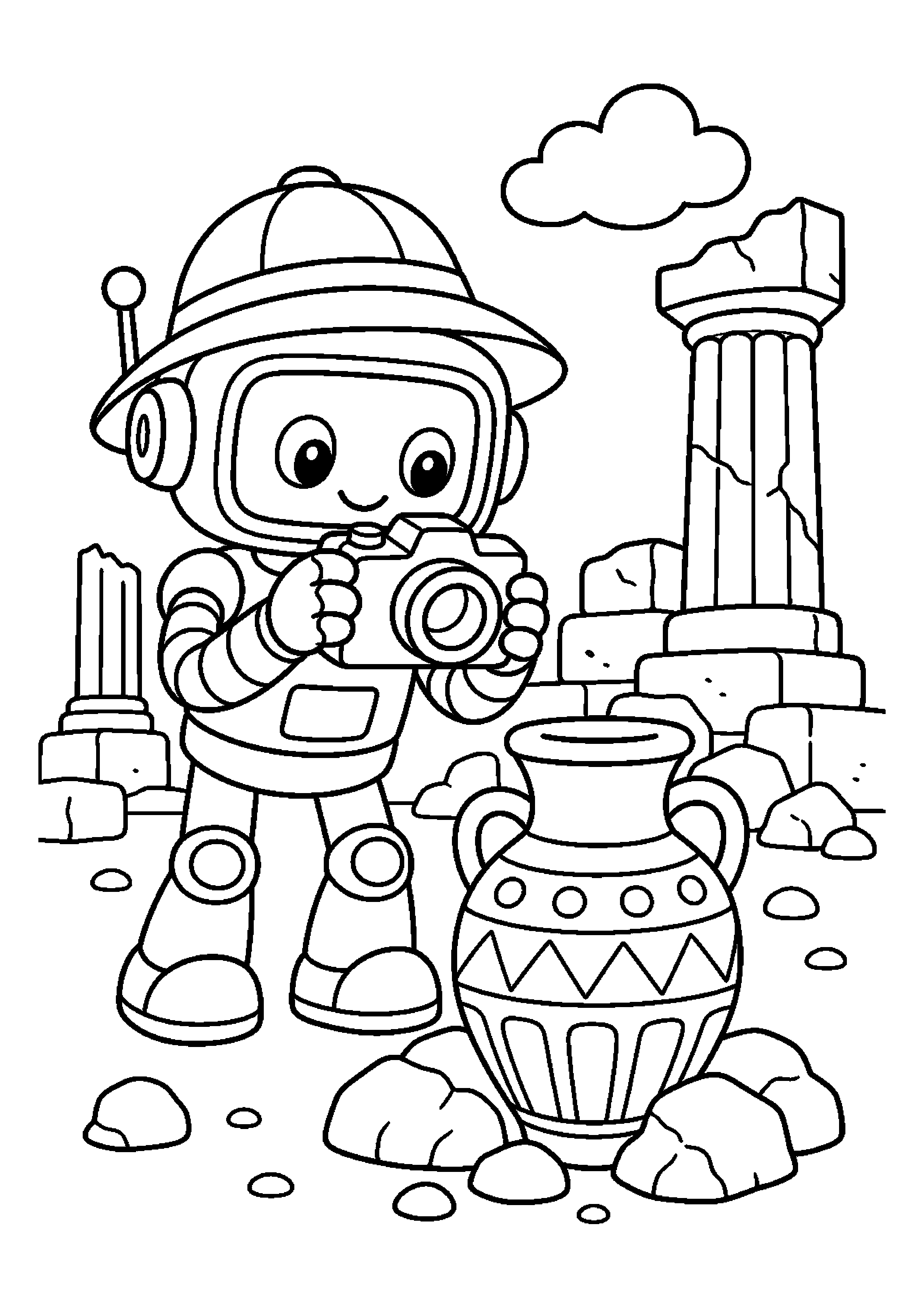 Robot archeolog fotografuje znalezisko przy ruinach