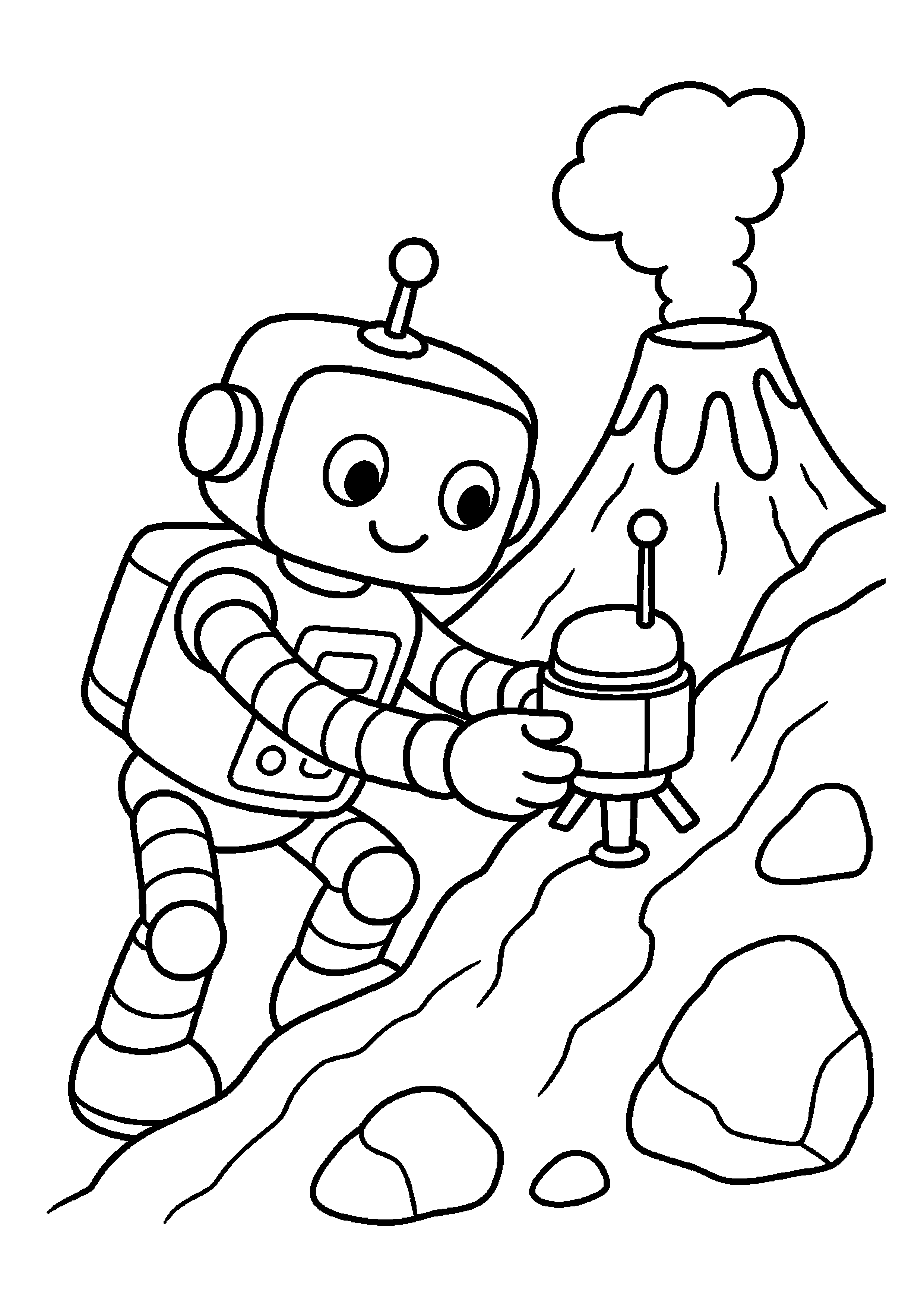 Robot badacz wulkanów ustawia czujnik na skalistym zboczu