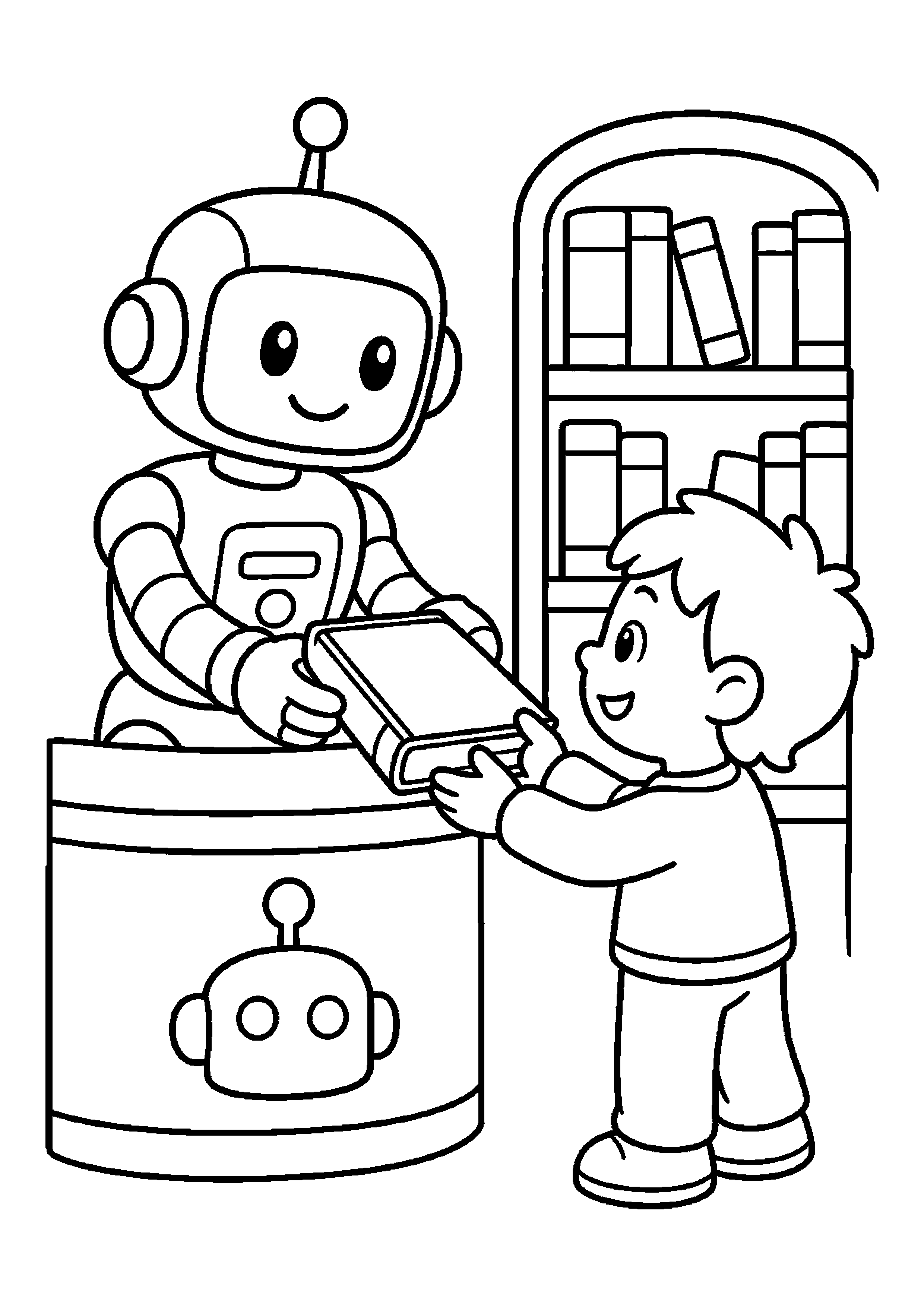 Robot bibliotekarz podaje książkę dziecku w bibliotece przyszłości