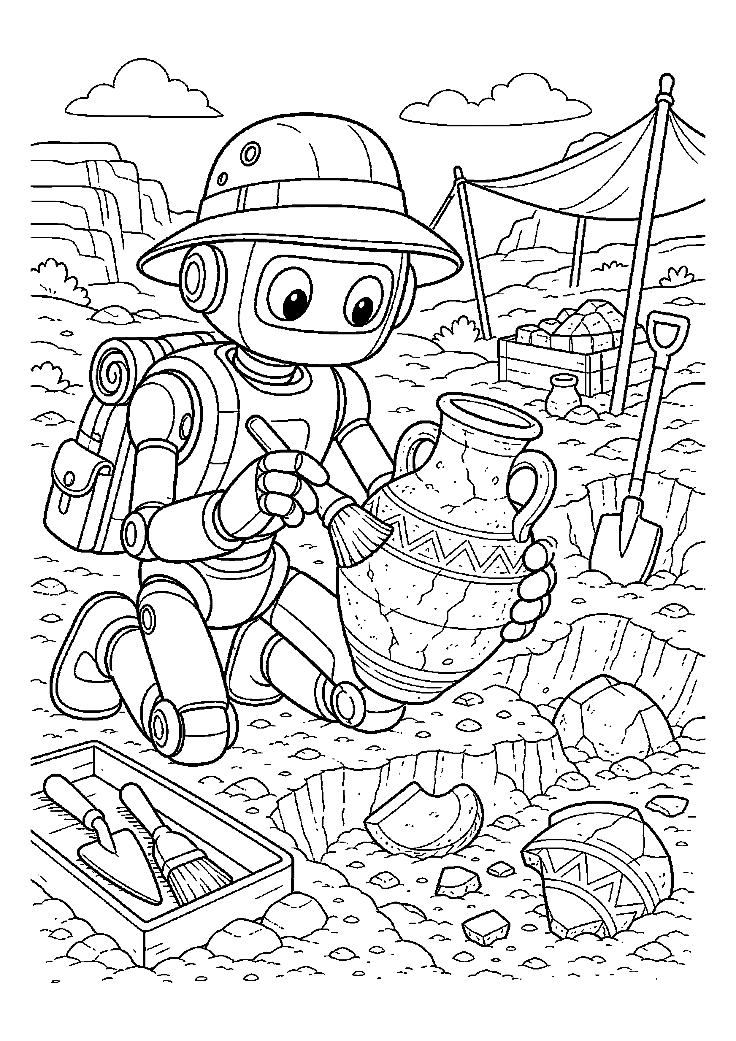 Robot archeolog oczyszcza stary dzban na stanowisku archeologicznym