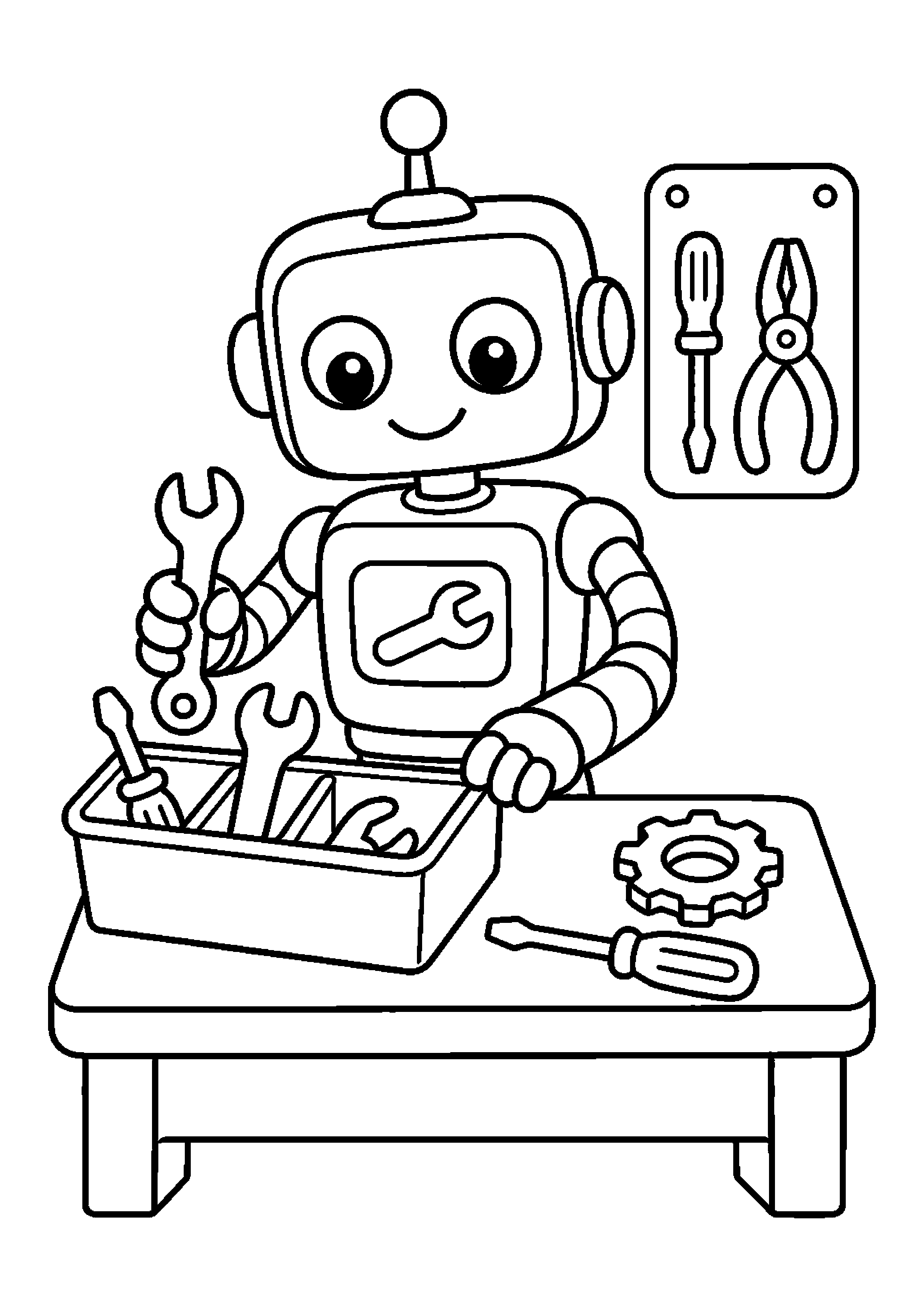 Robot naprawczy porządkuje narzędzia przy stole technicznym