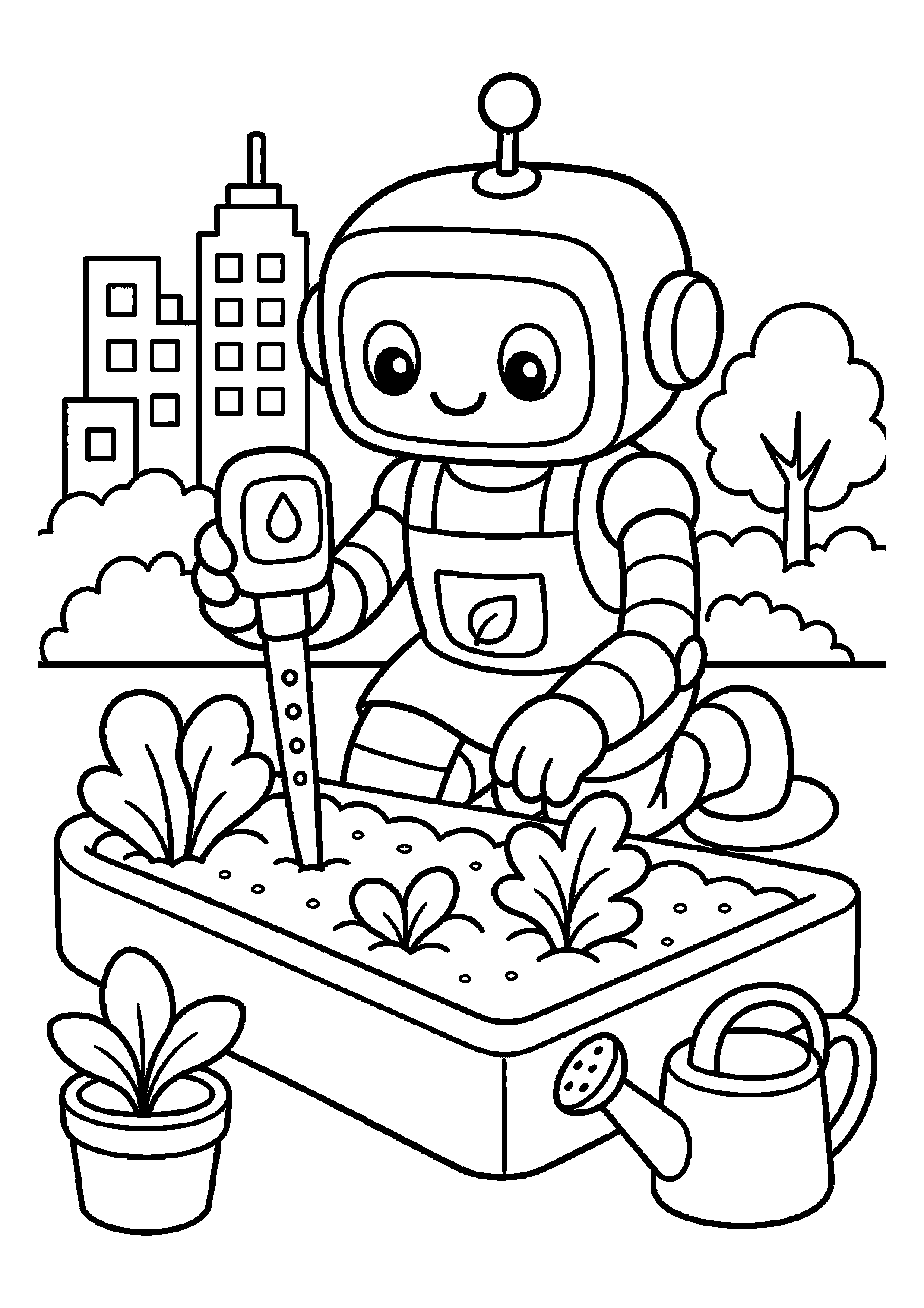 Robot ogrodnik mierzy wilgotność ziemi w miejskim ogrodzie