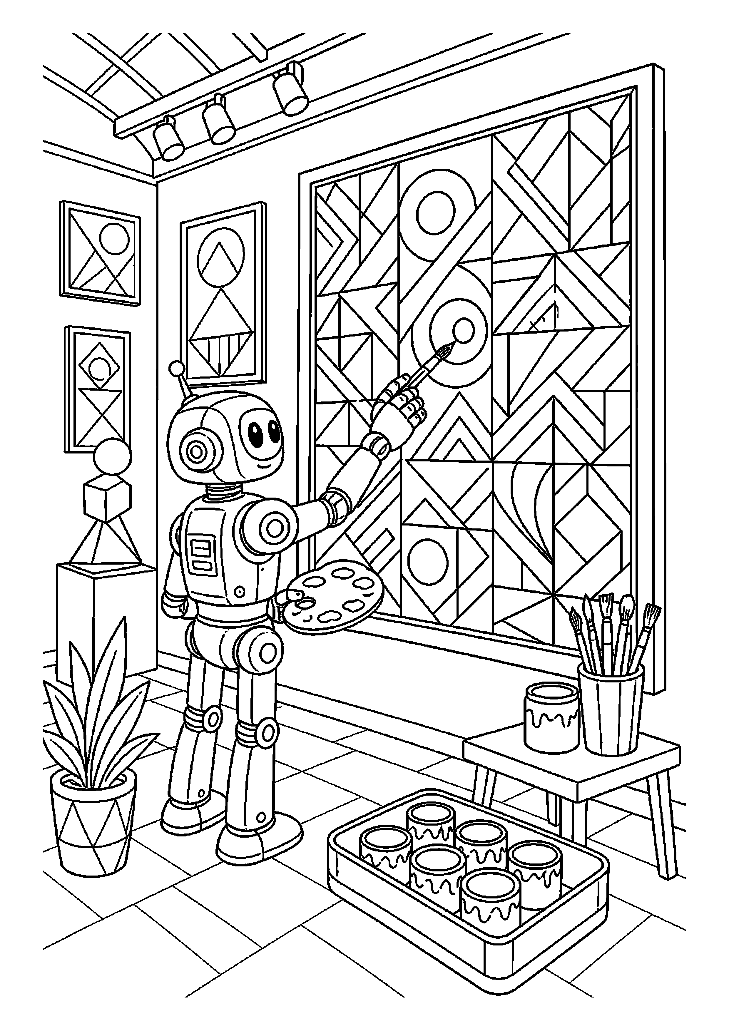 Robot malarz rysuje geometryczny wzór w galerii
