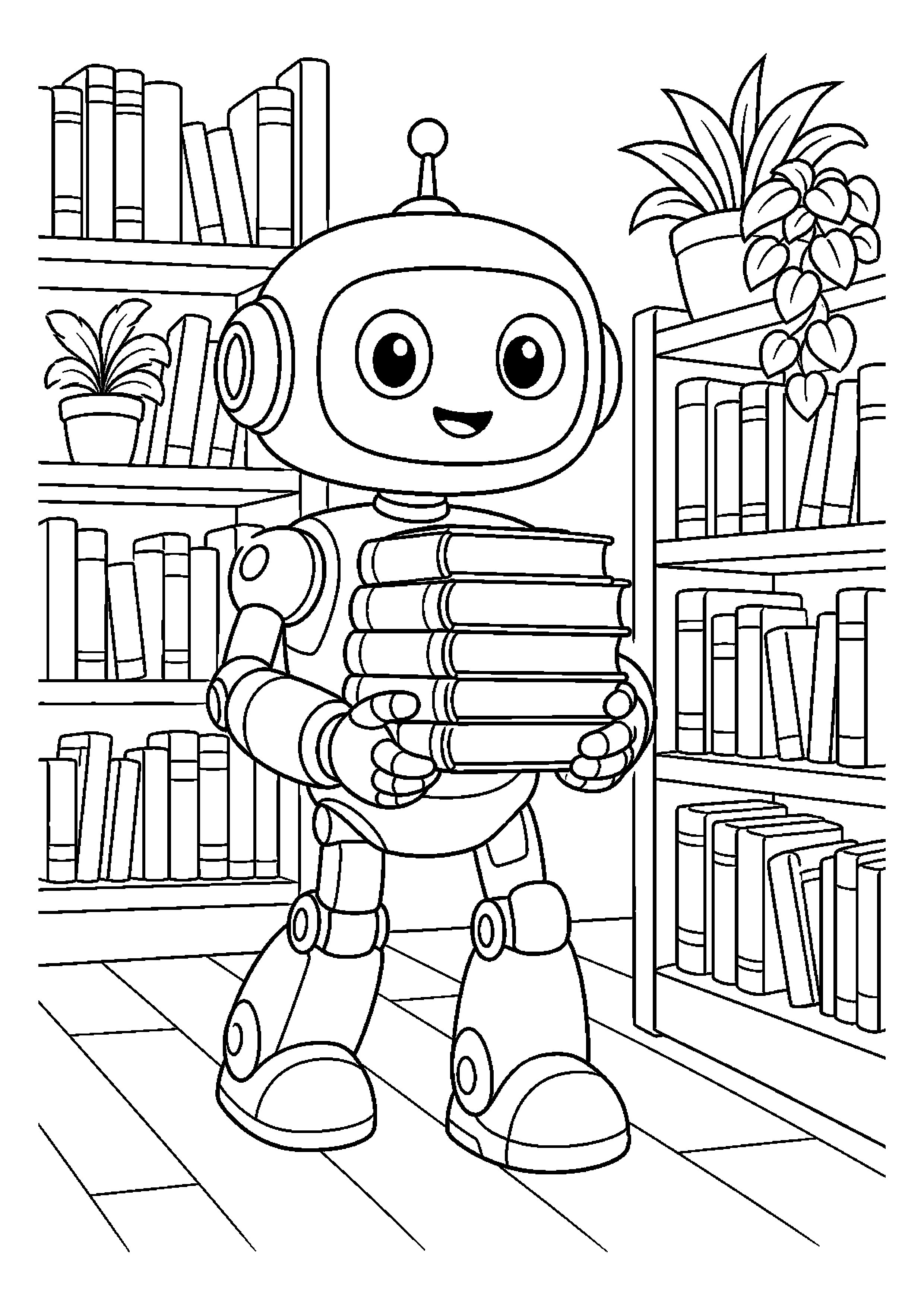 Mały robot pomocnik niesie książki w bibliotece