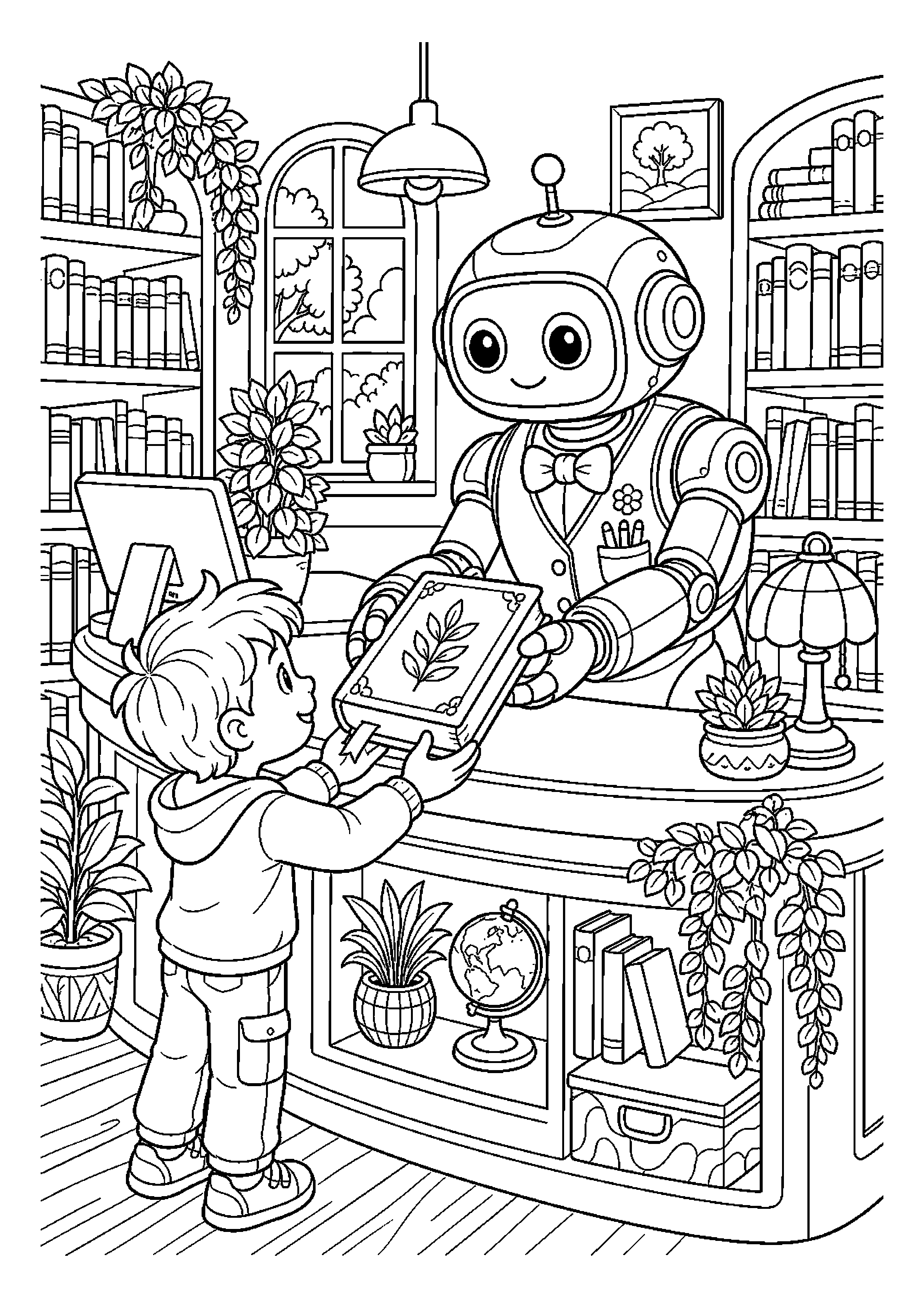 Robot bibliotekarz podaje książkę dziecku przy ladzie
