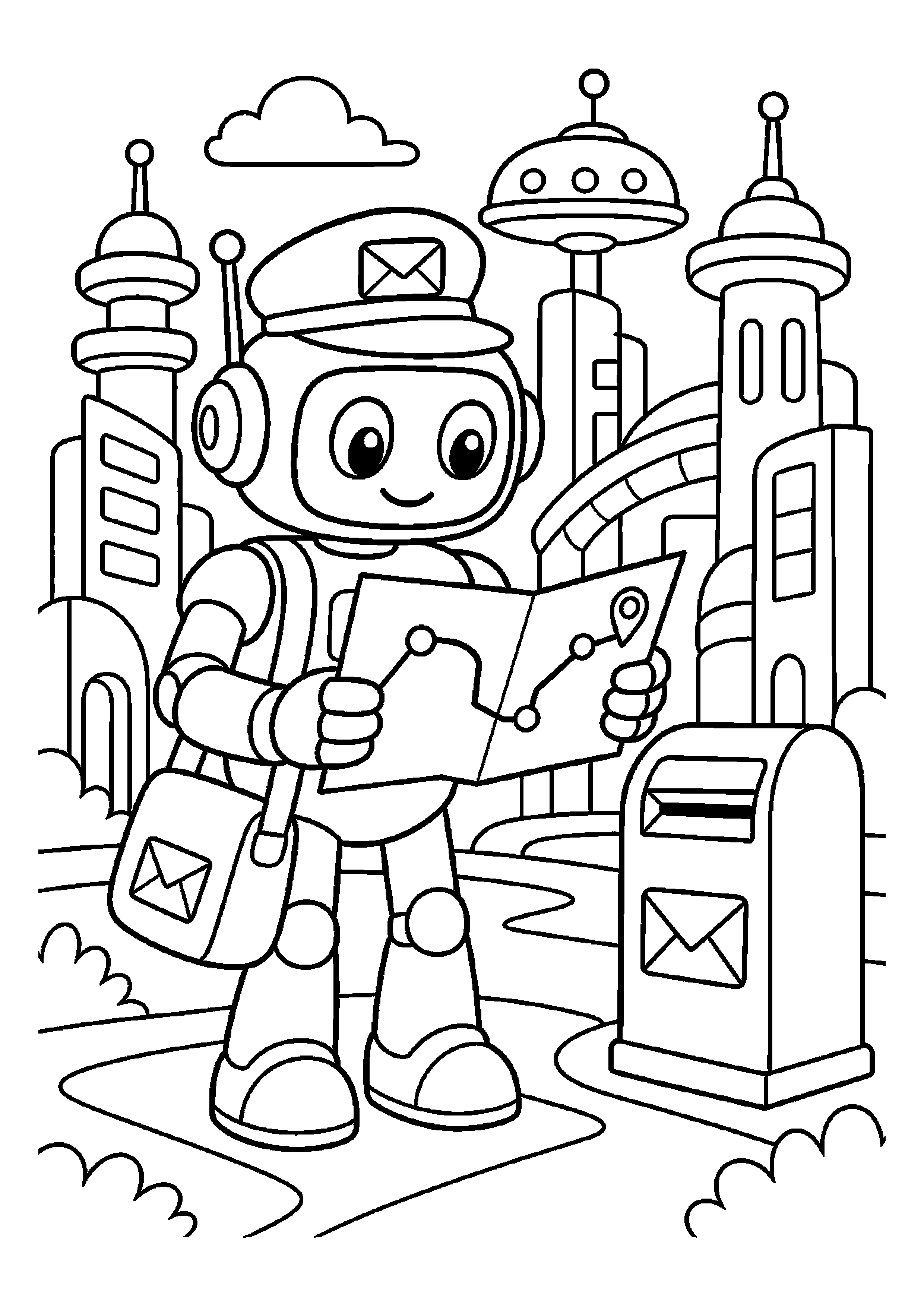 Robot pocztowy sprawdza mapę trasy w mieście przyszłości