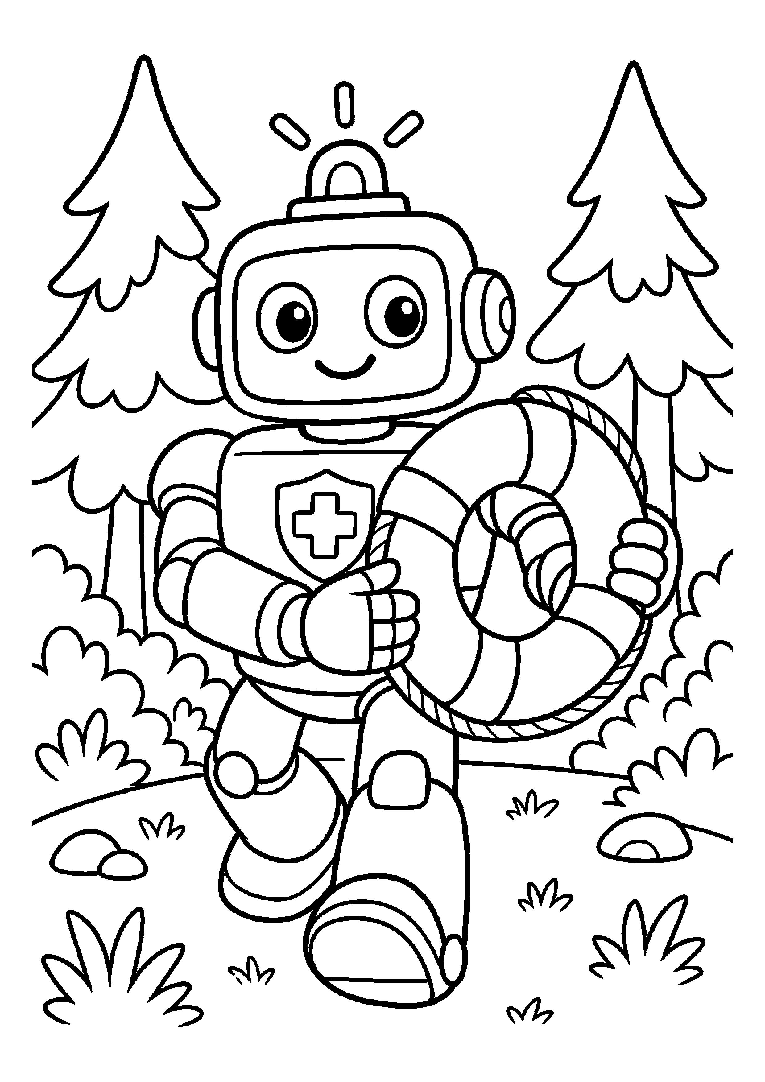 Robot ratownik niesie koło ratunkowe w lesie