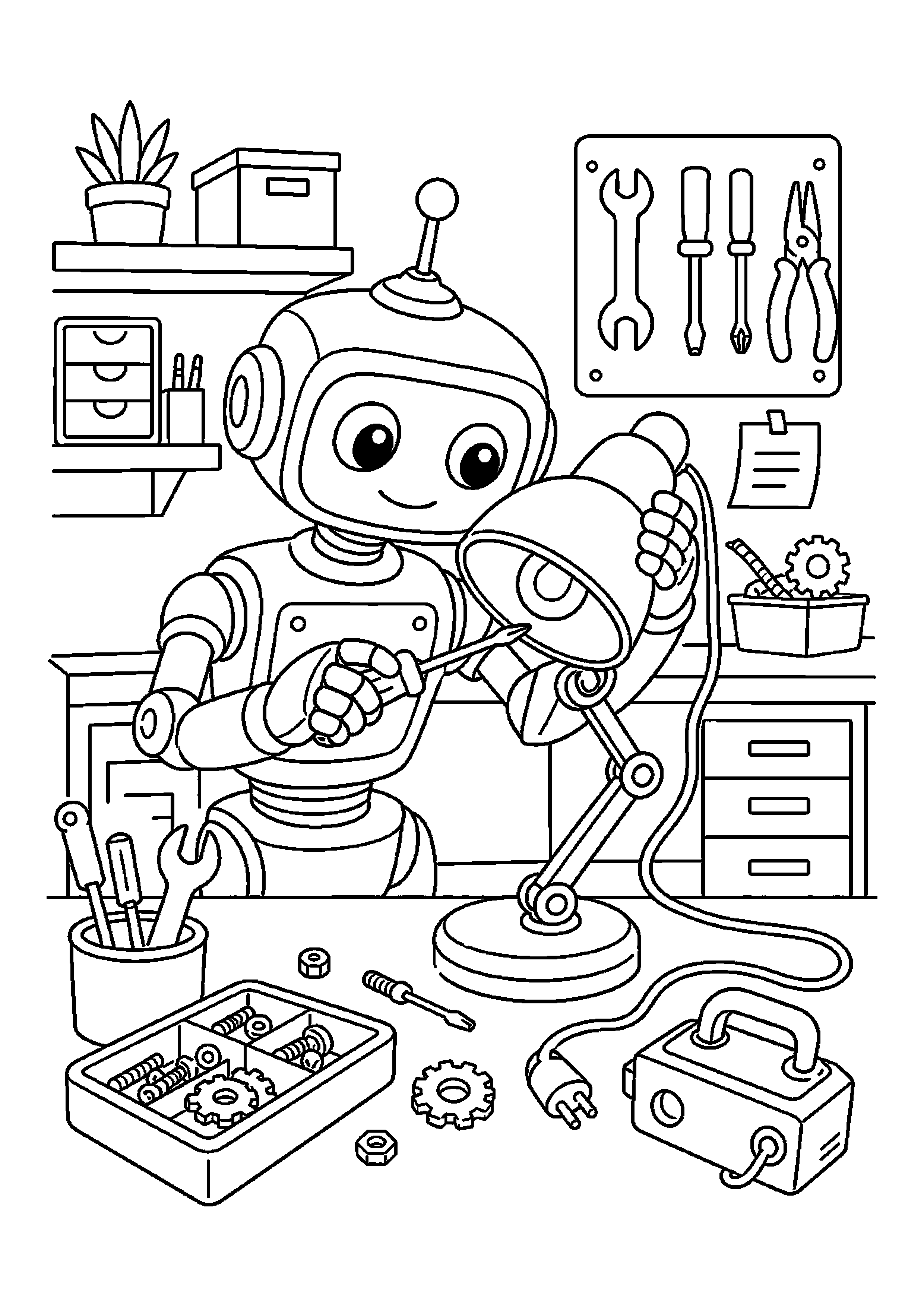 Robot naprawczy naprawia lampę przy stole technicznym