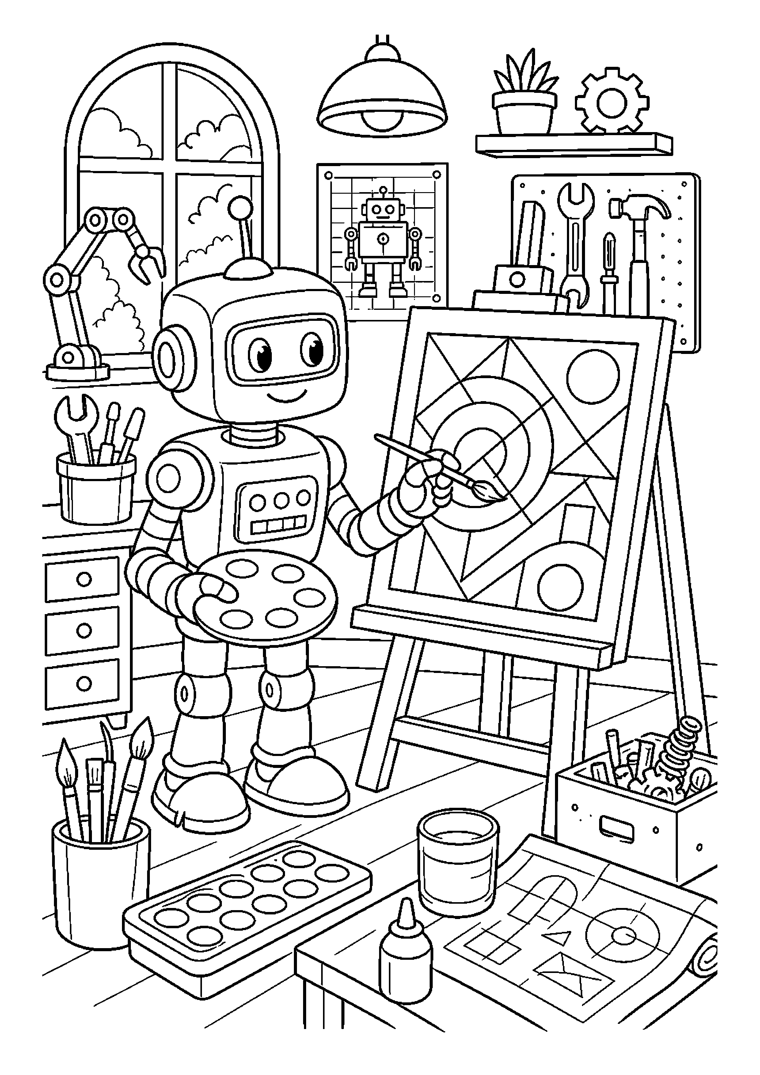 Robot malarz rysuje geometryczny wzór w pracowni