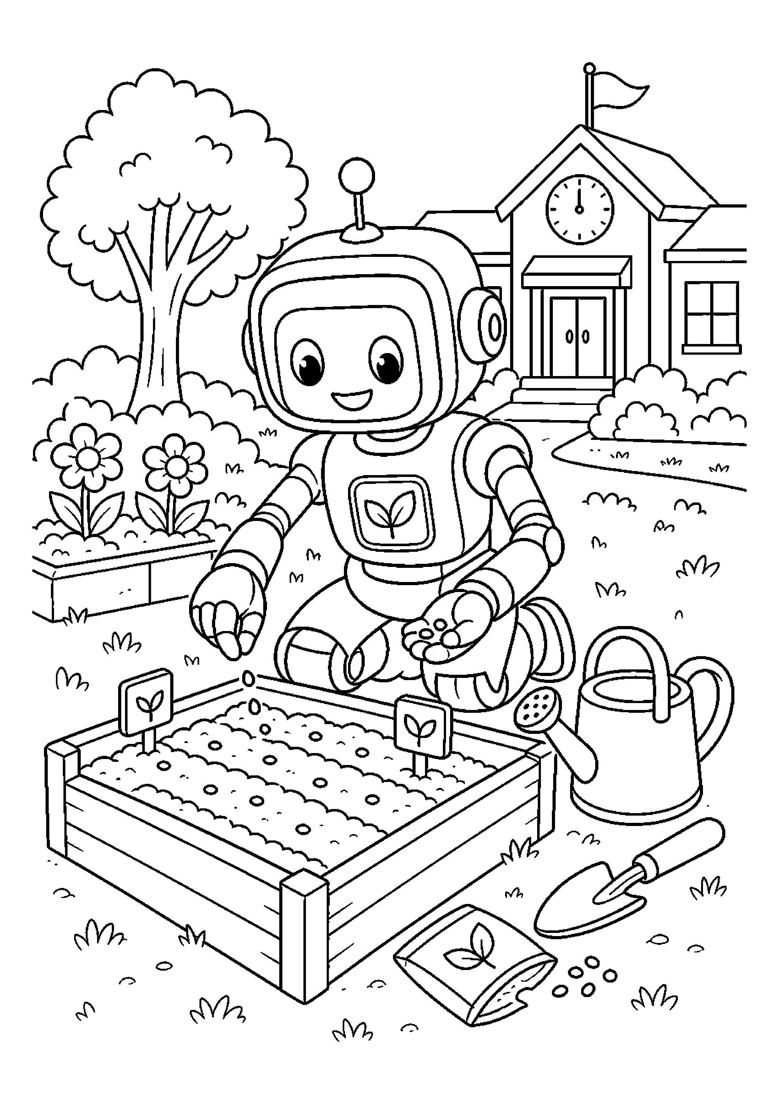 Robot ogrodnik sadzi nasiona przy szkolnej grządce