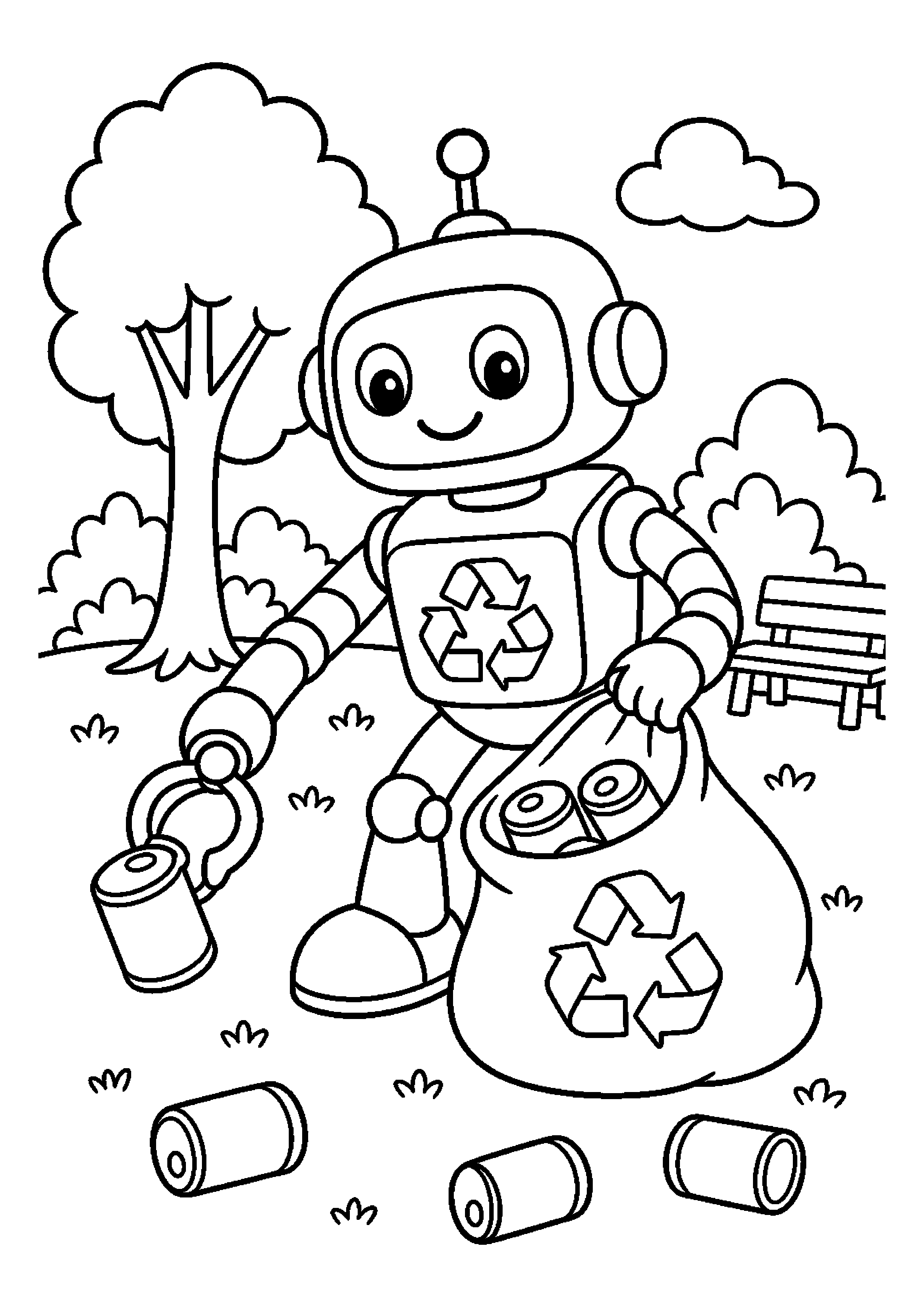 Robot recyklingowy zbiera puszki w parku