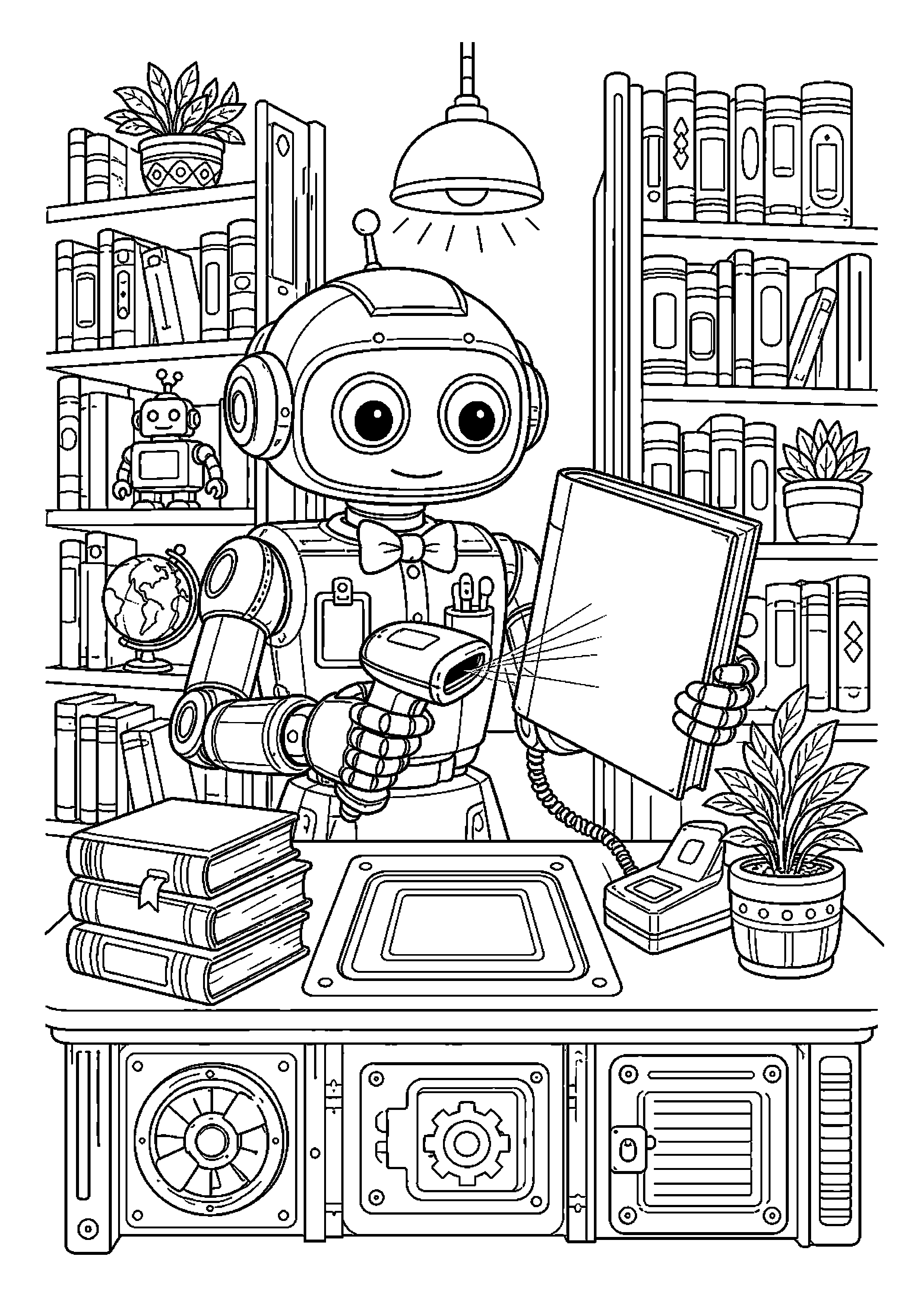 Robot bibliotekarz skanuje okładkę bez tekstu między regałami