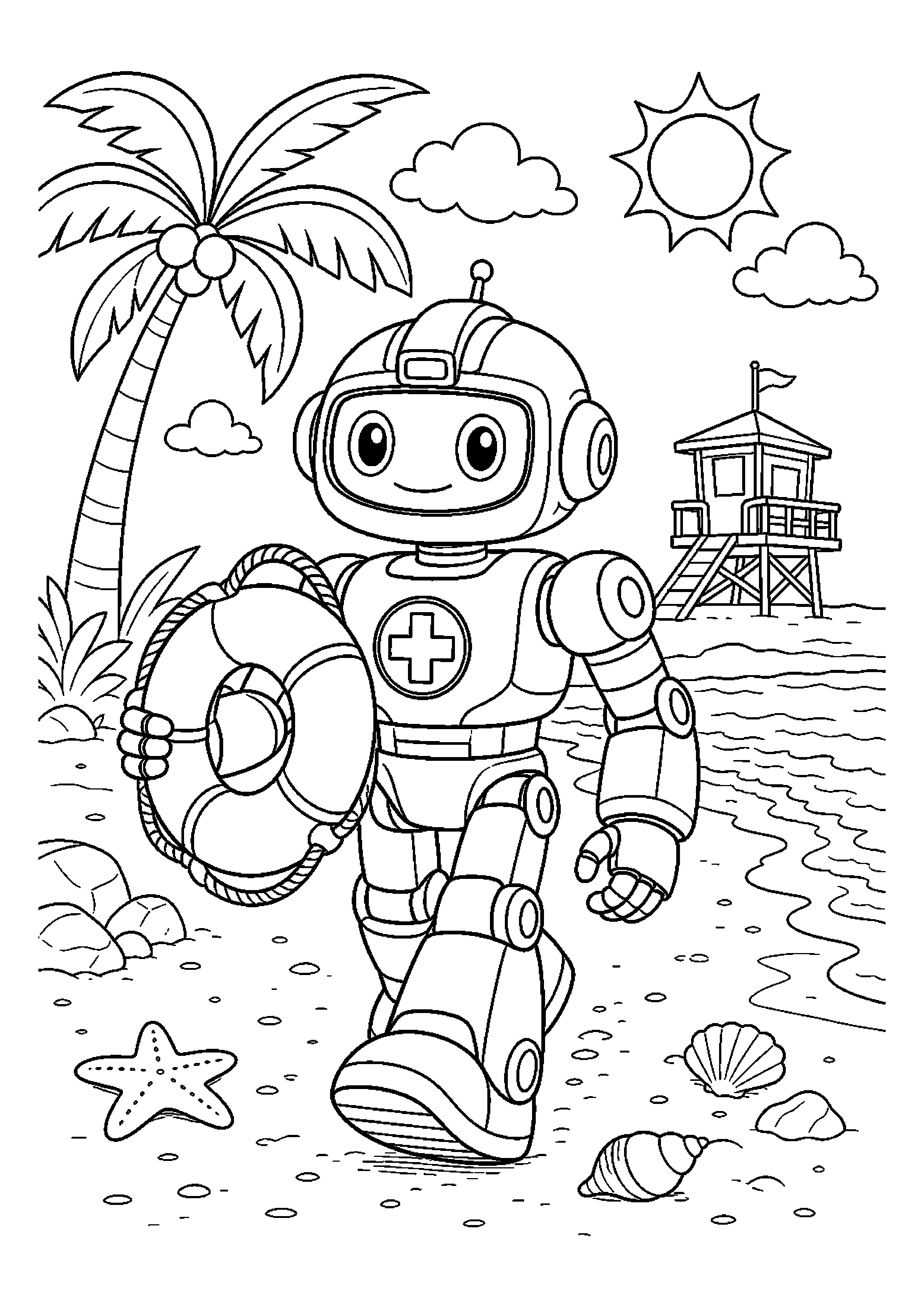 Robot ratownik niesie koło ratunkowe na plaży