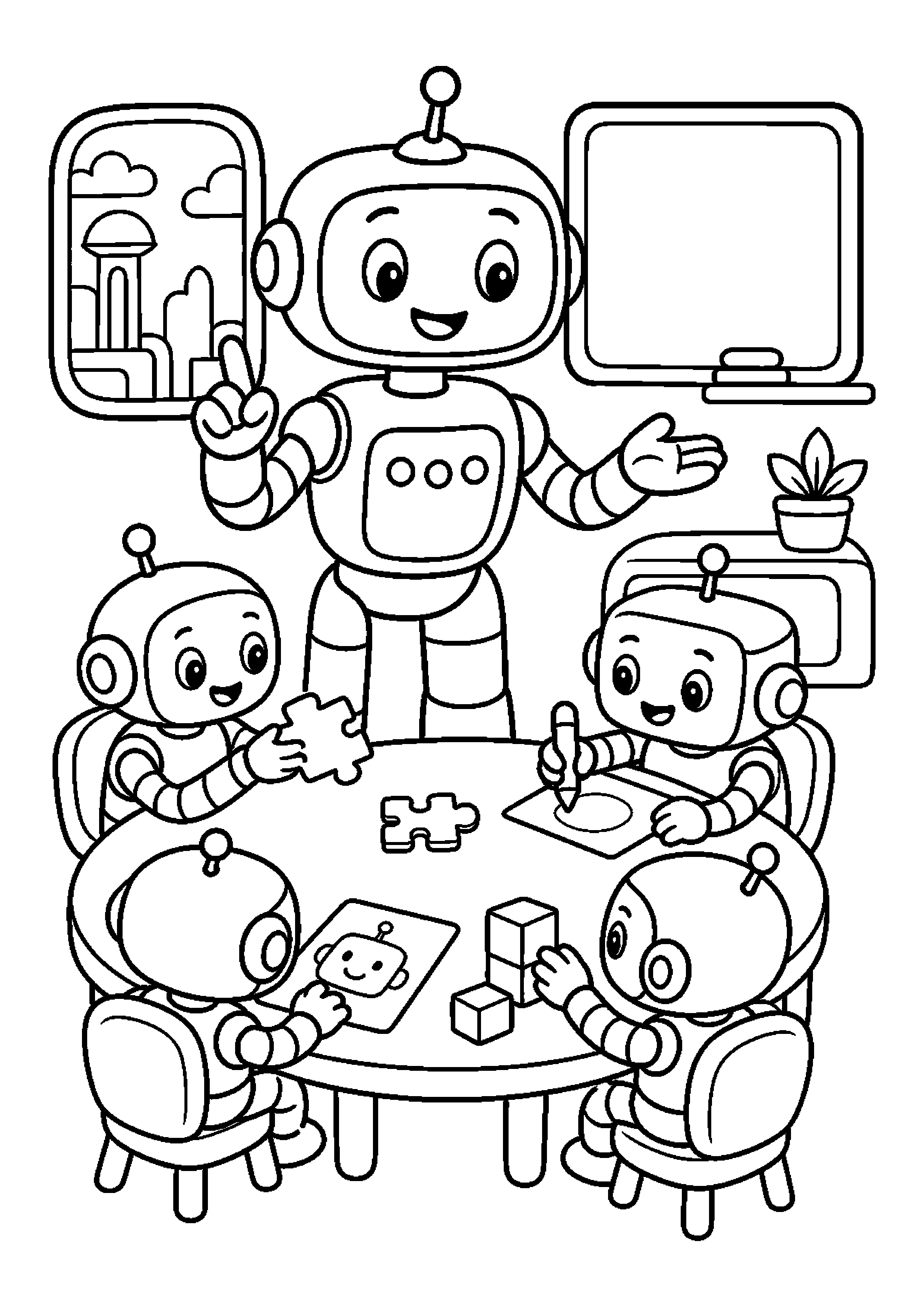 Robot nauczyciel organizuje pracę w grupie w klasie przyszłości