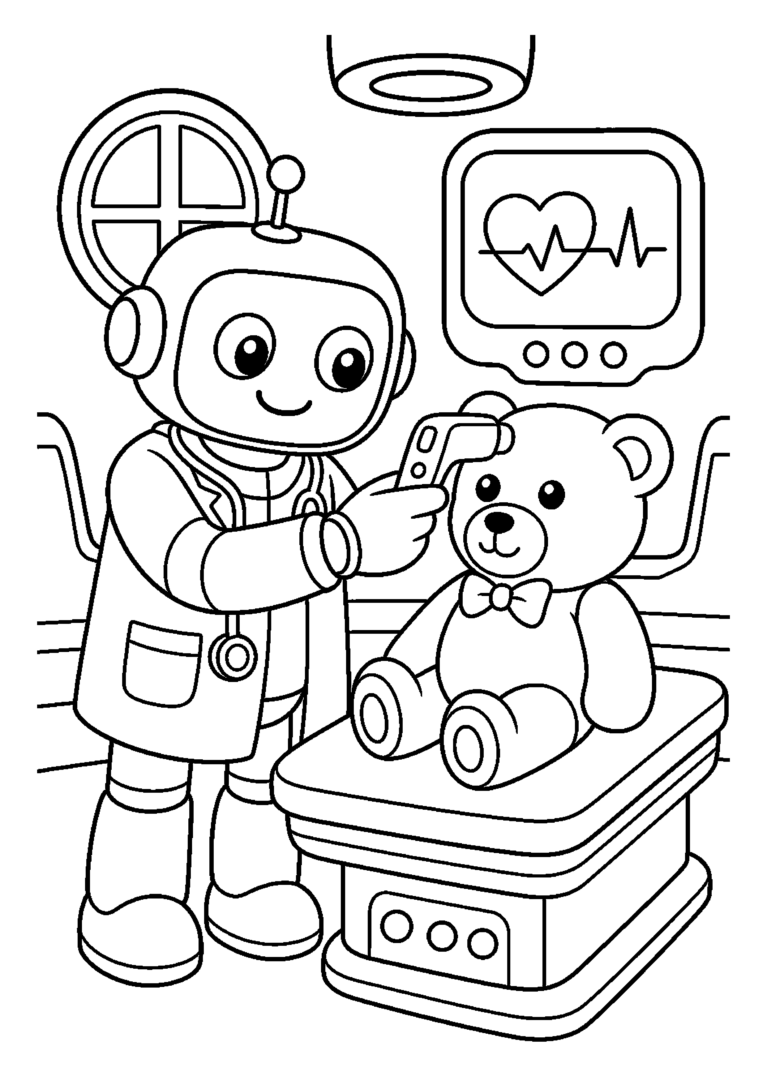 Robot lekarz sprawdza temperaturę pluszaka w gabinecie przyszłości