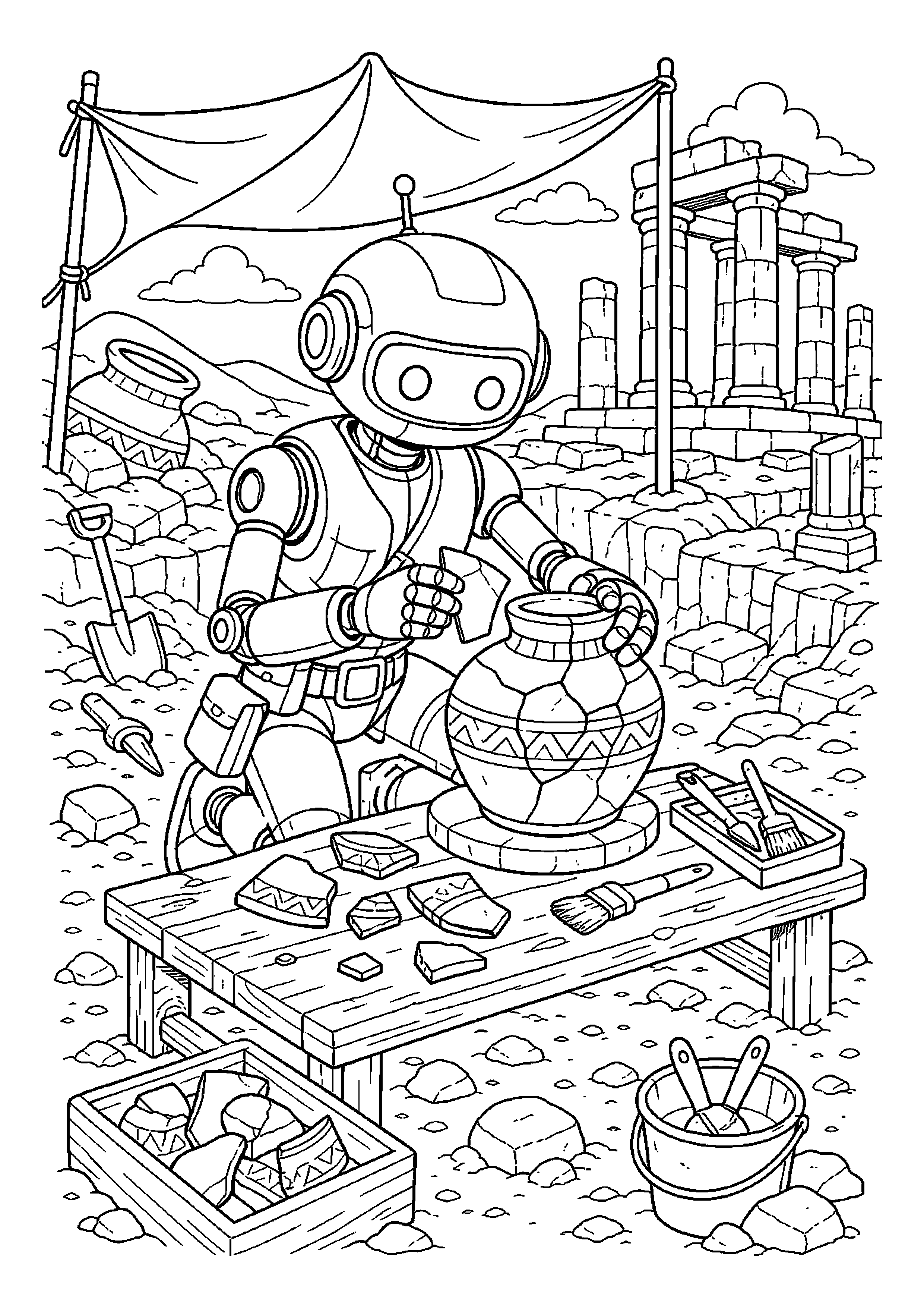 Robot archeolog składa fragmenty naczynia na stanowisku archeologicznym