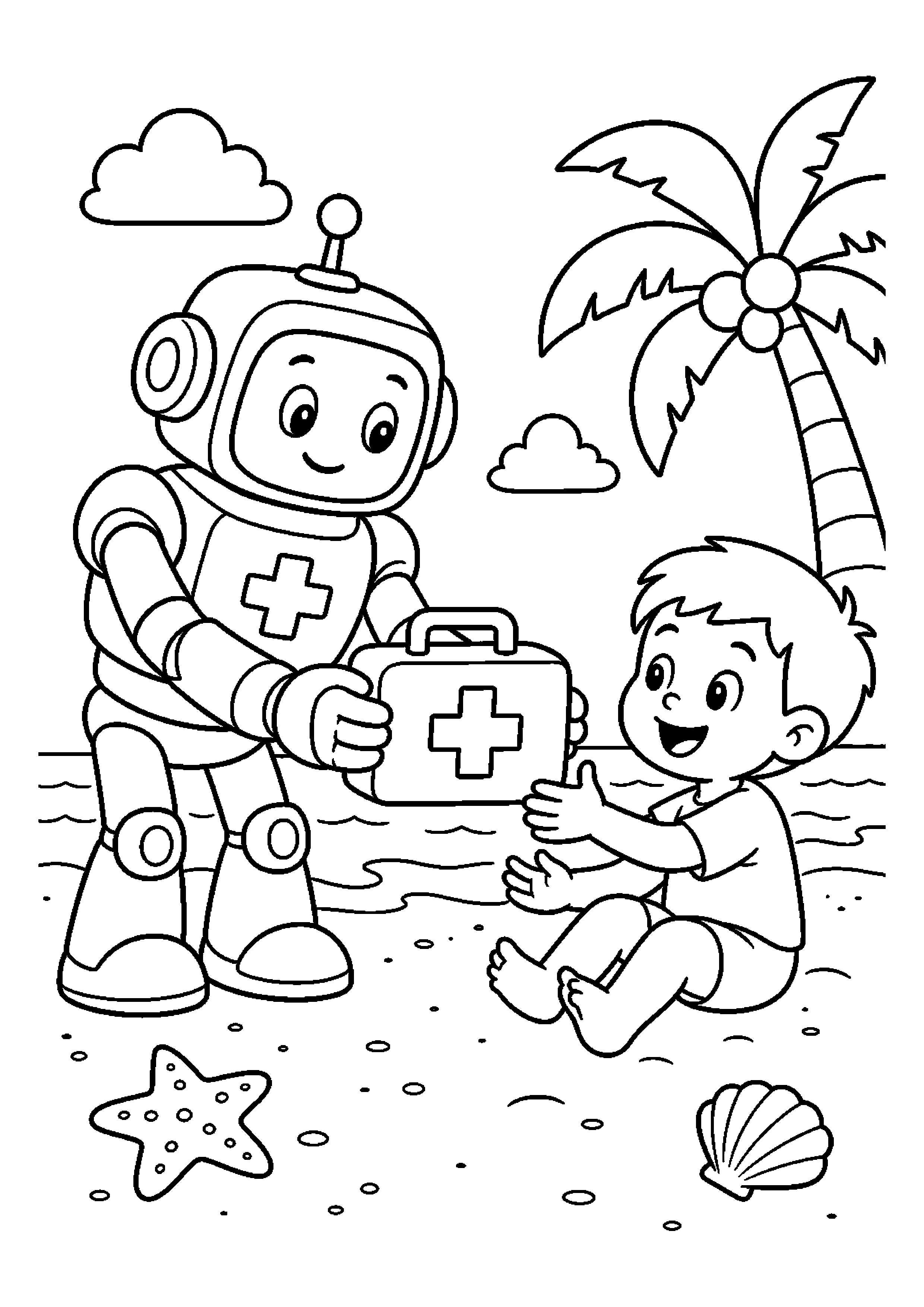Robot ratownik przekazuje apteczkę na plaży