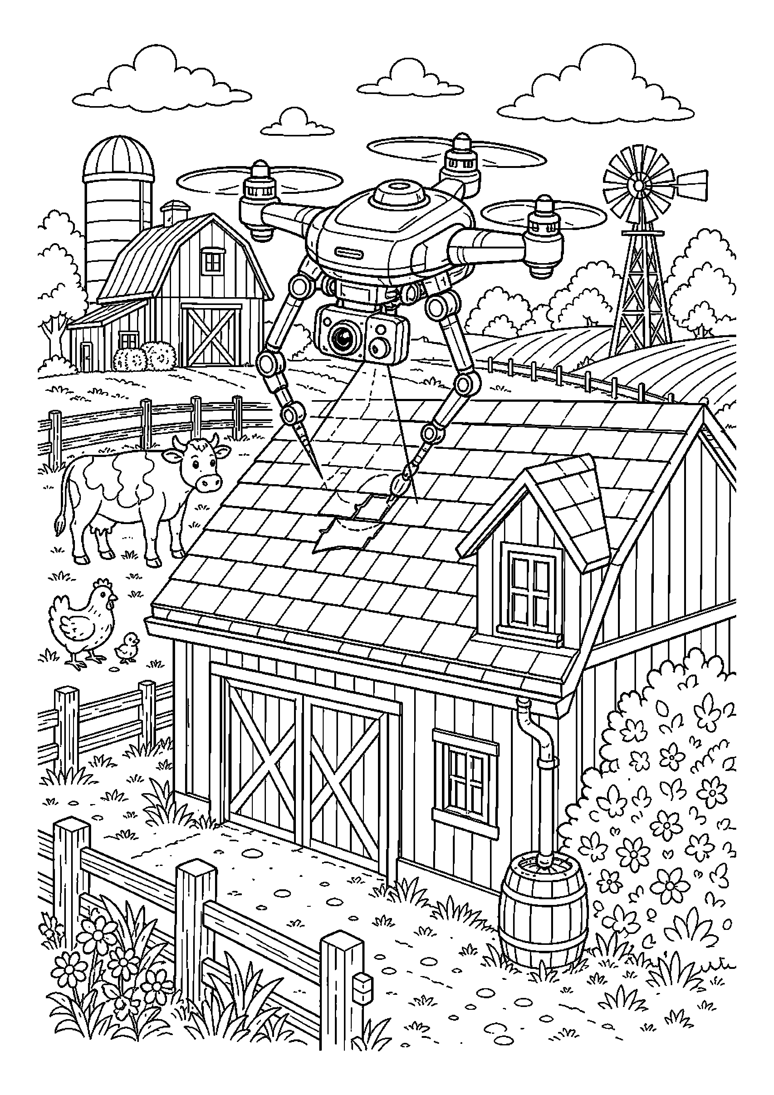 Dron obserwacyjny sprawdza stan dachu nad gospodarstwem