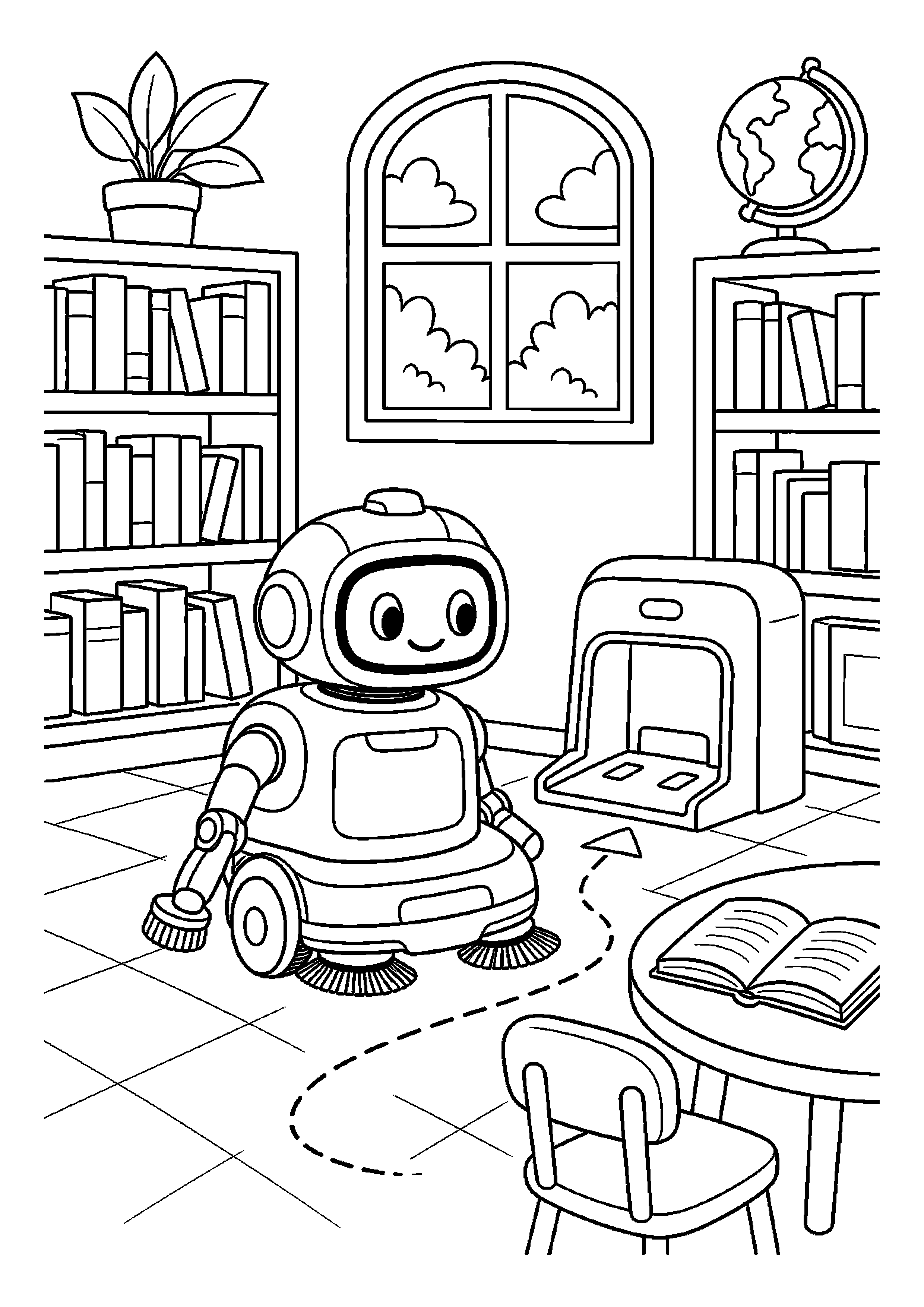 Robot sprzątający wraca do stacji w bibliotece