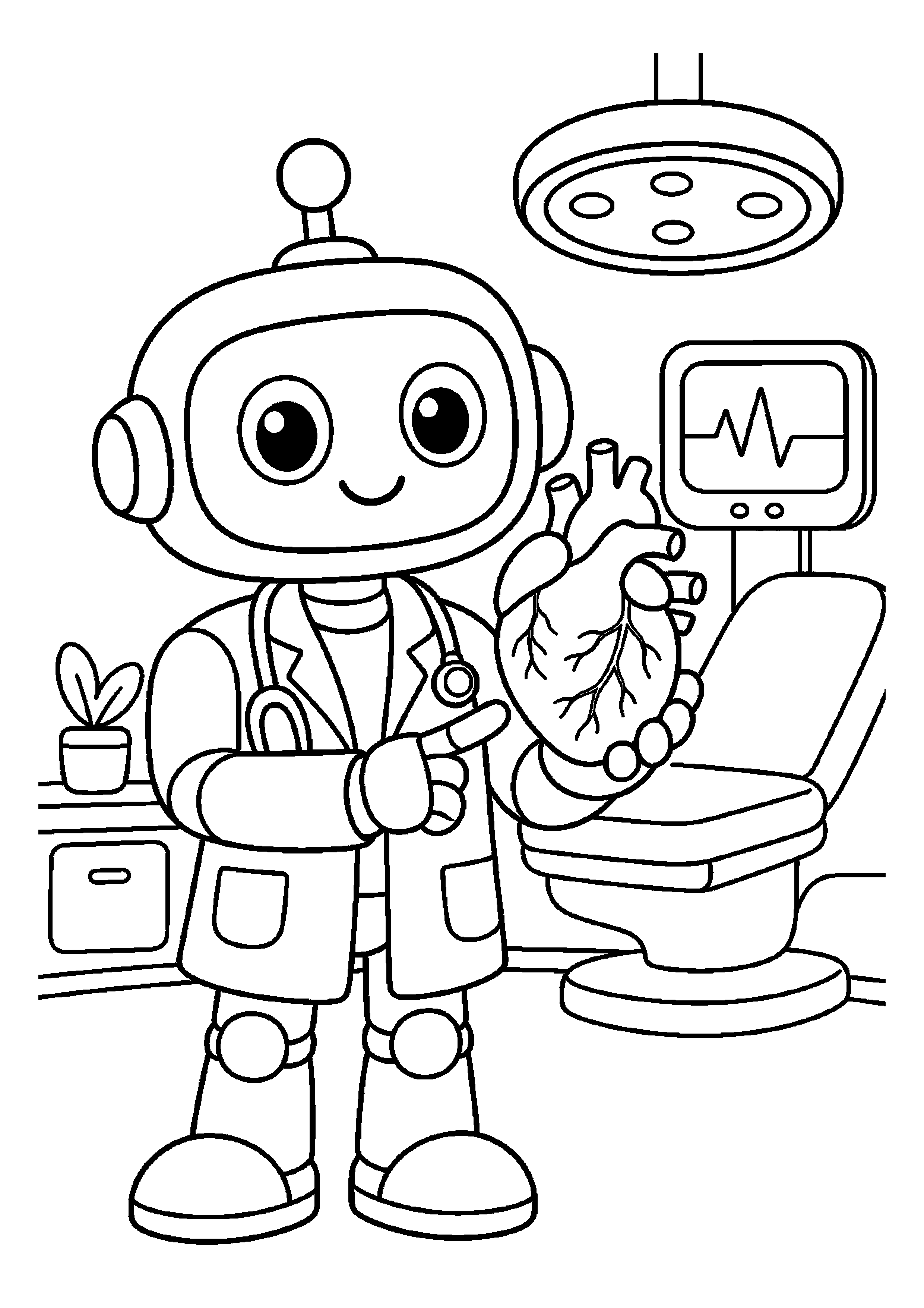 Robot lekarz pokazuje model serca w gabinecie przyszłości