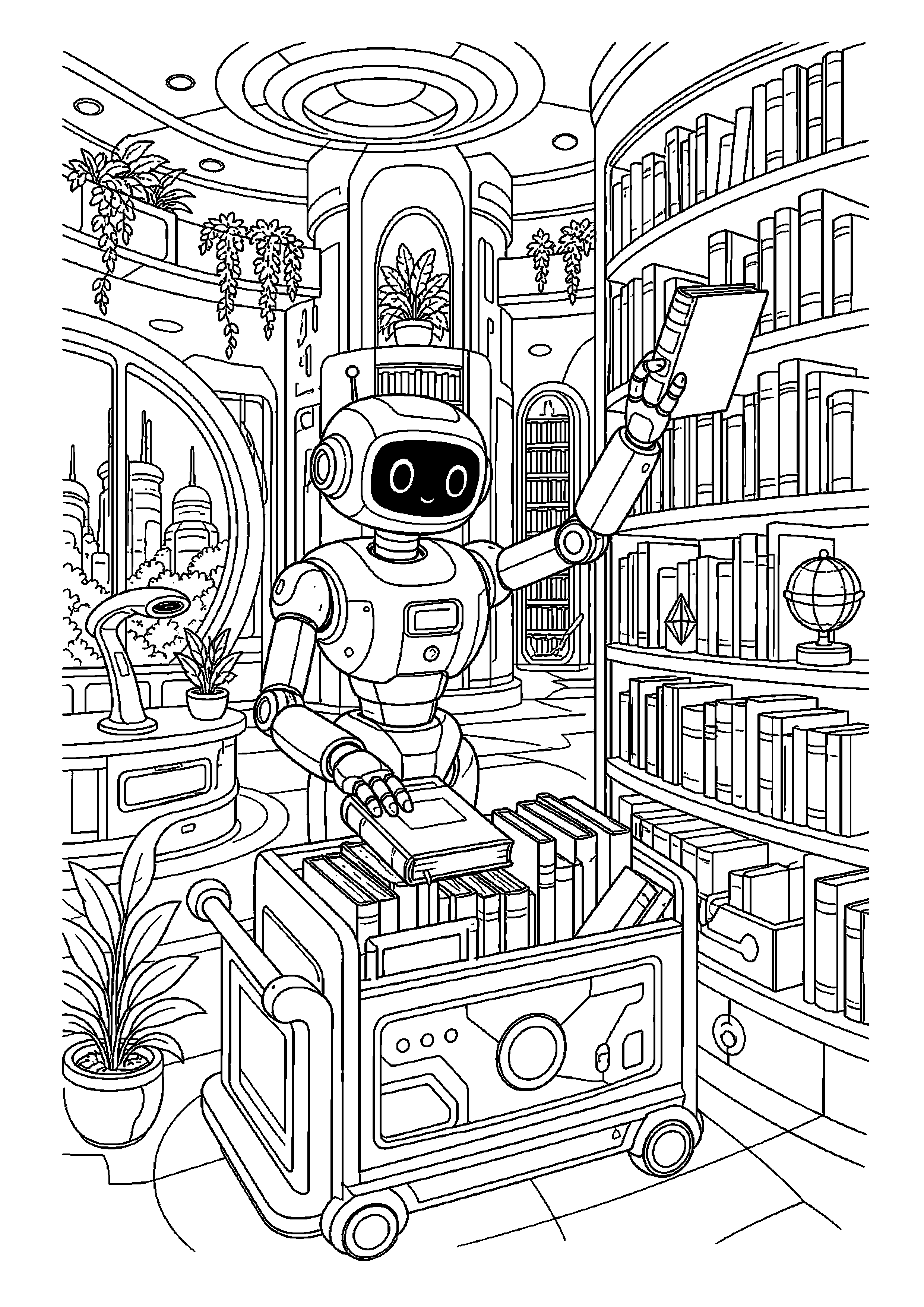 Robot bibliotekarz sortuje książki w bibliotece przyszłości