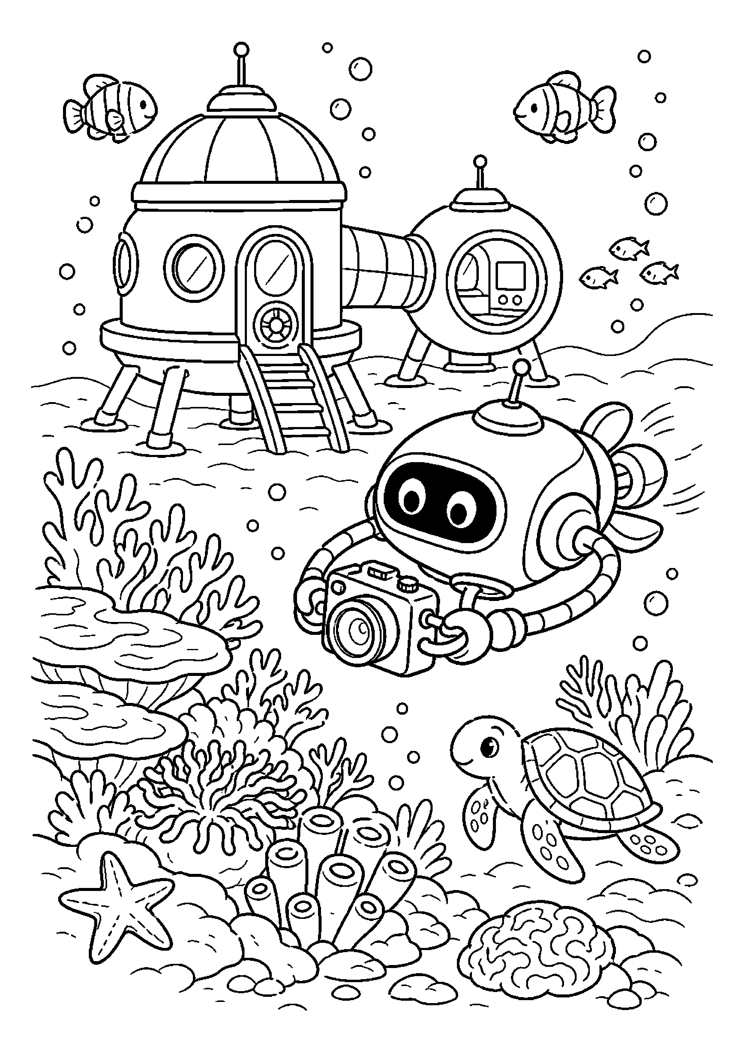 Robot badacz oceanu fotografuje rafę obok podwodnej stacji