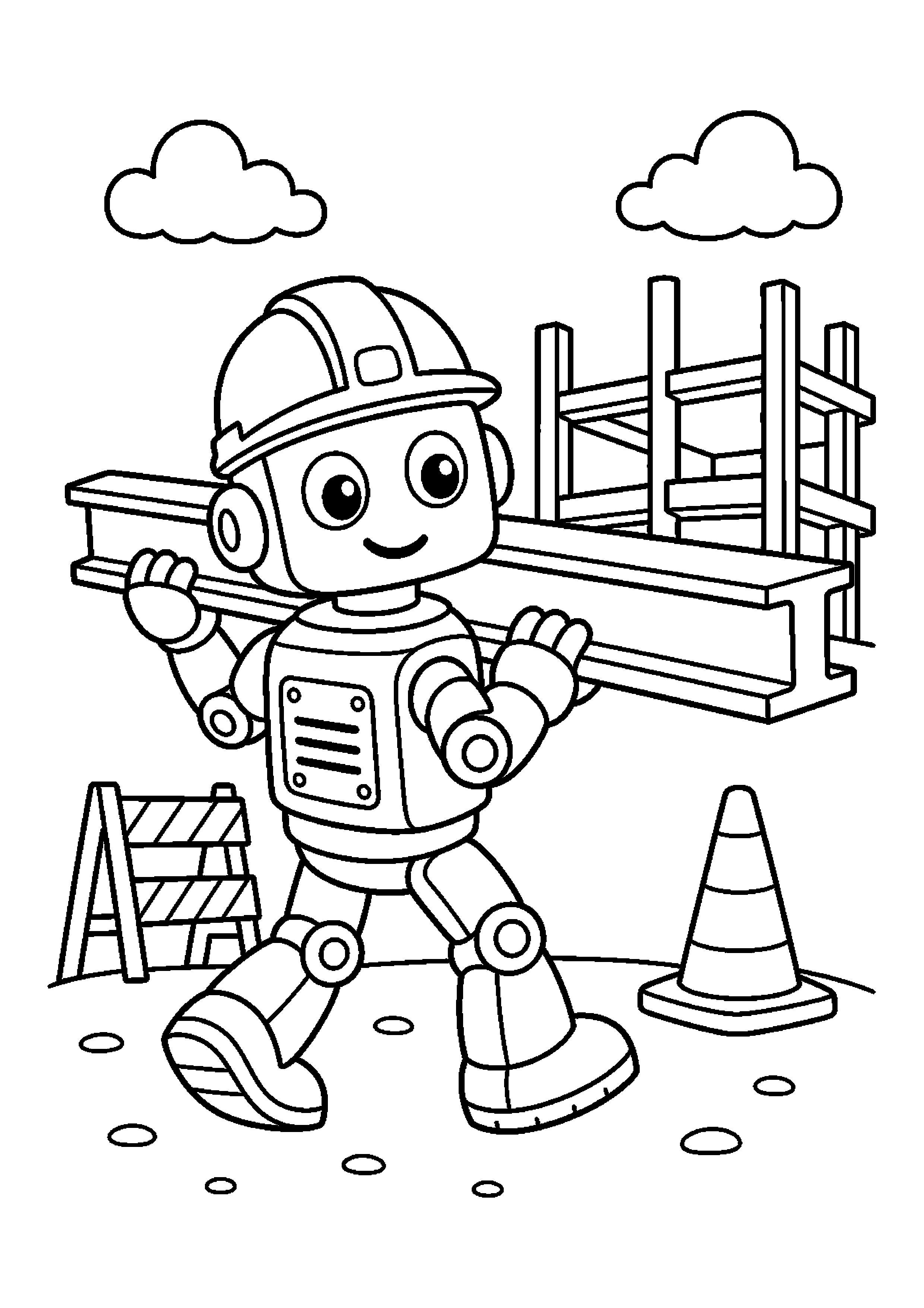 Robot budowniczy przenosi lekką belkę na bezpiecznej budowie