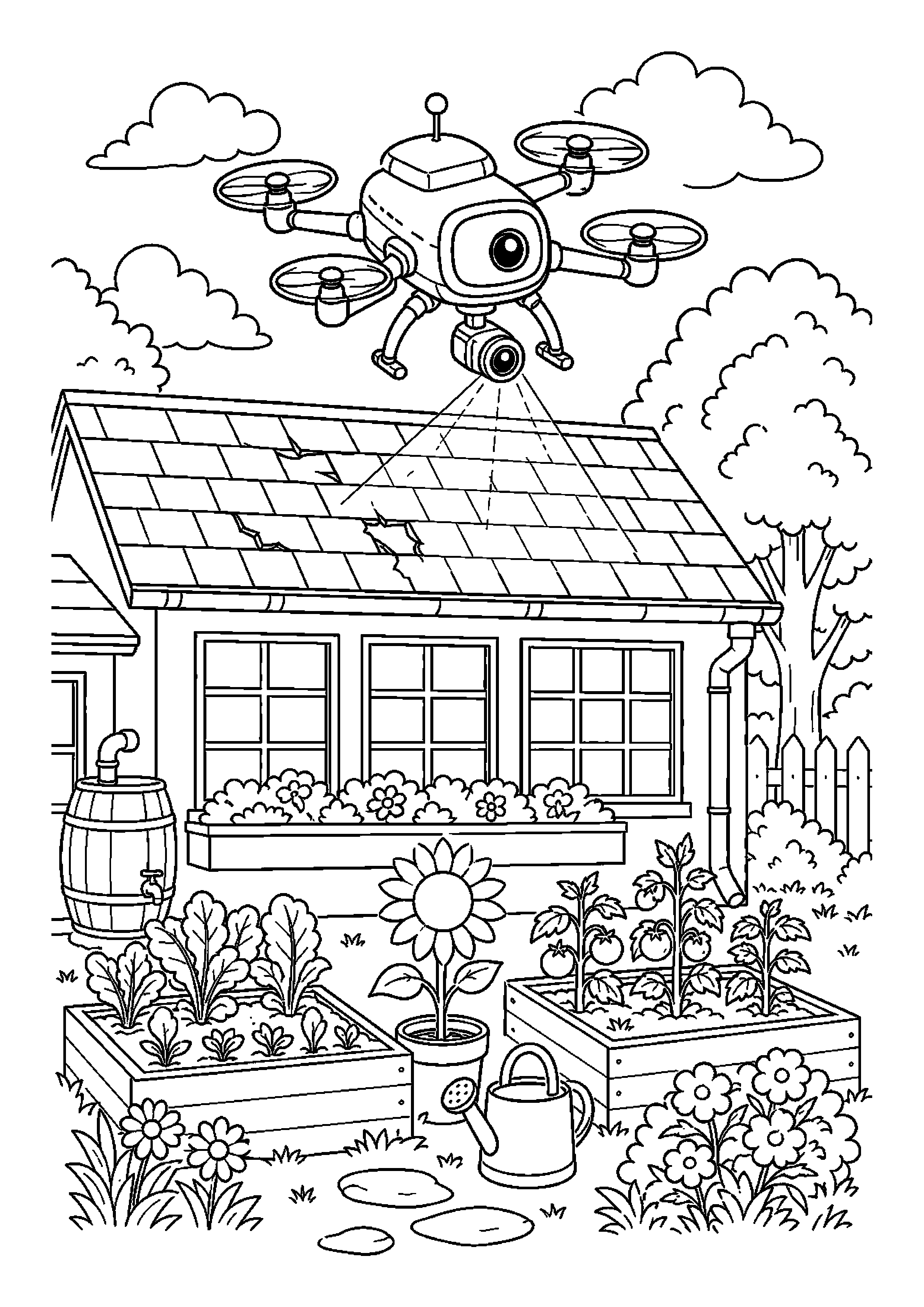 Dron obserwacyjny sprawdza stan dachu nad szkolnym ogrodem