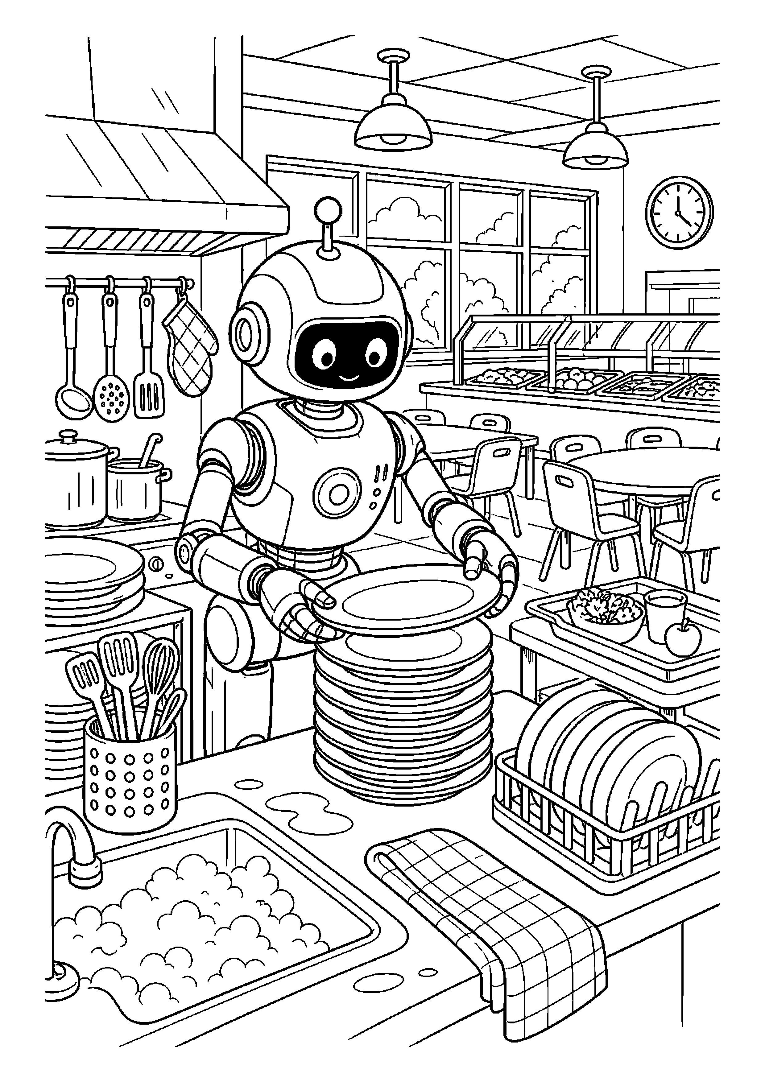 Robot kuchenny układa talerze w szkolnej stołówce