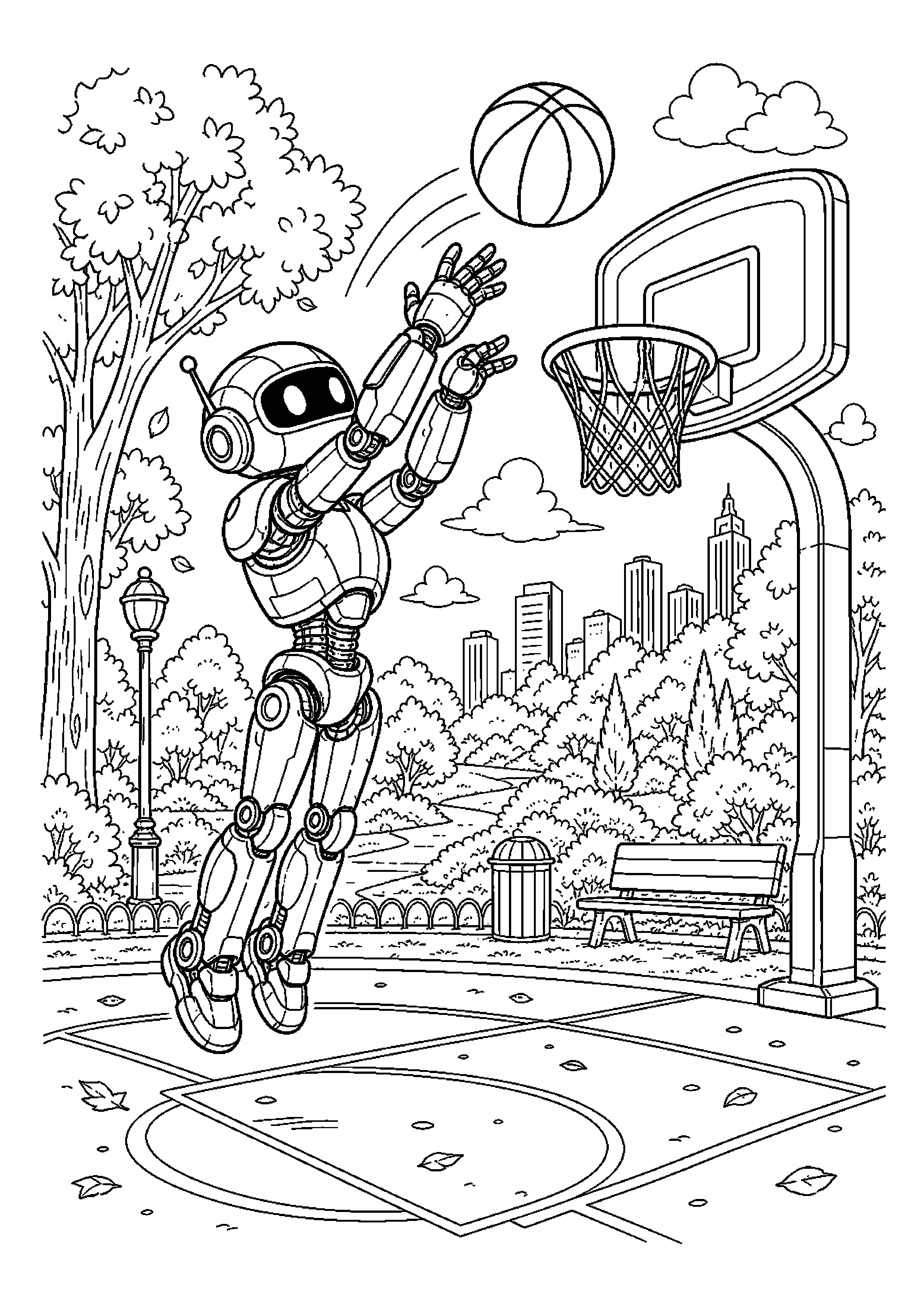 Robot sportowiec rzuca do kosza w parku