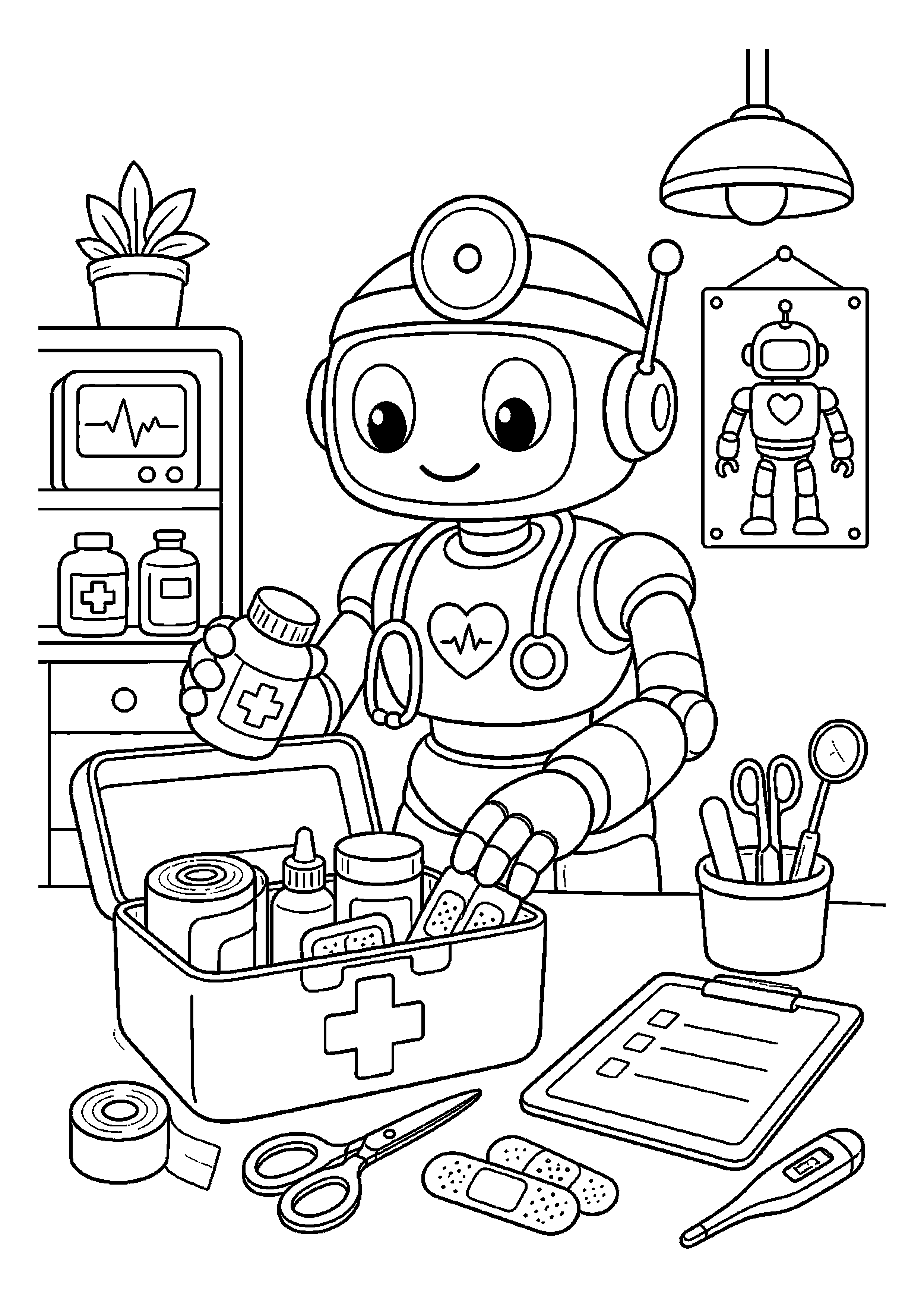 Robot lekarz porządkuje apteczkę przy stole diagnostycznym