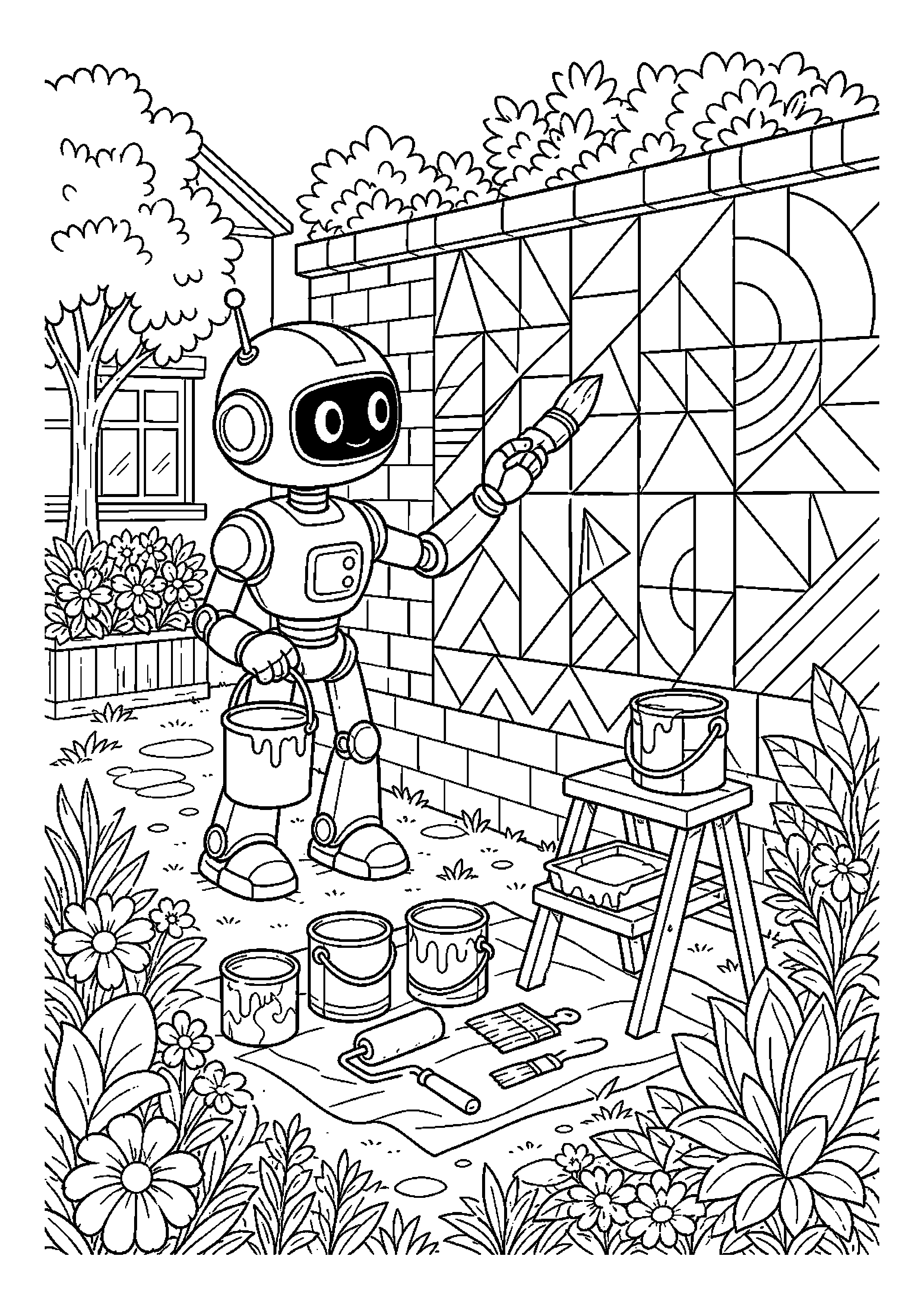 Robot malarz maluje geometryczny mural na ścianie szkolnego ogrodu