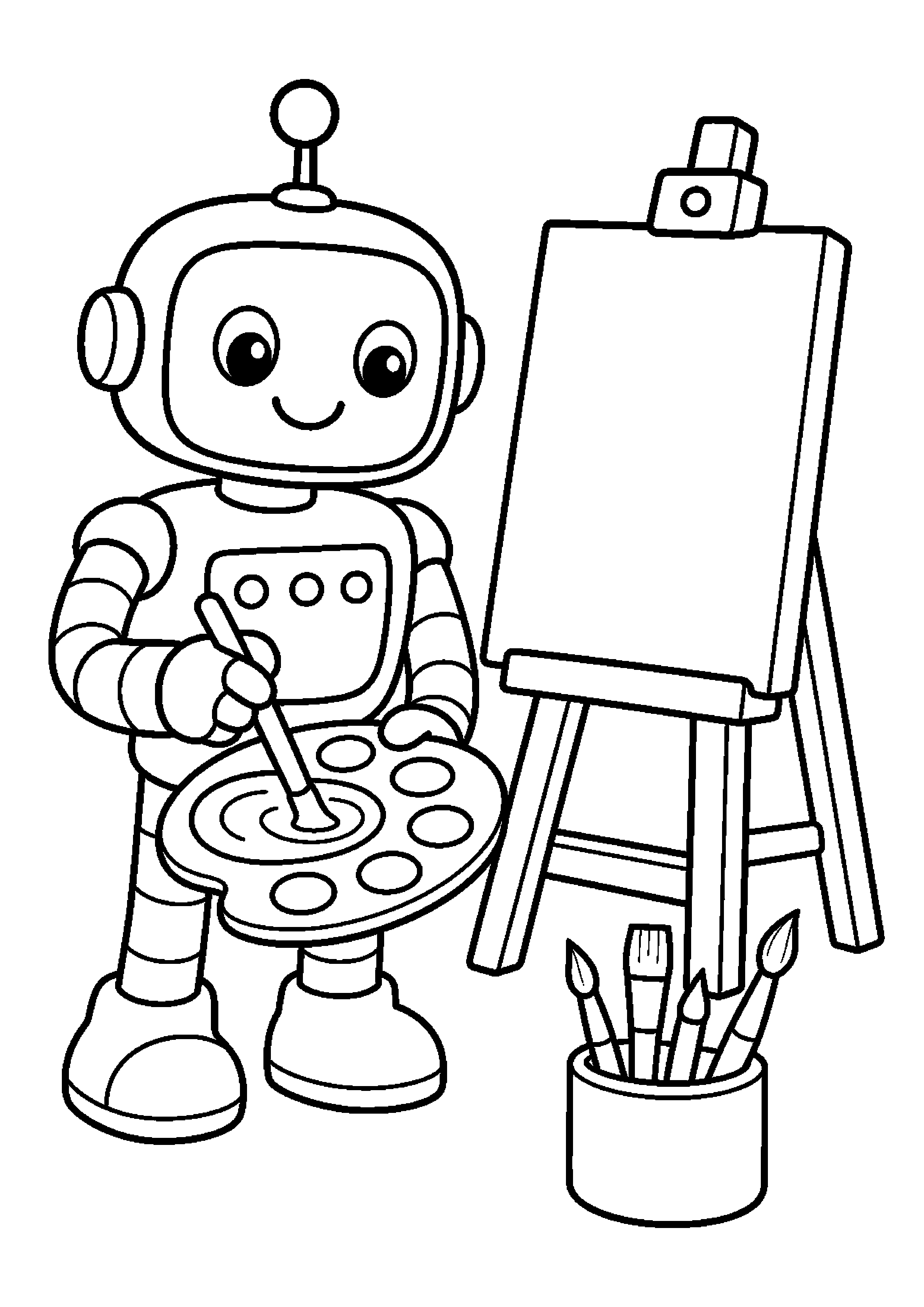 Robot malarz miesza farby przy sztaludze