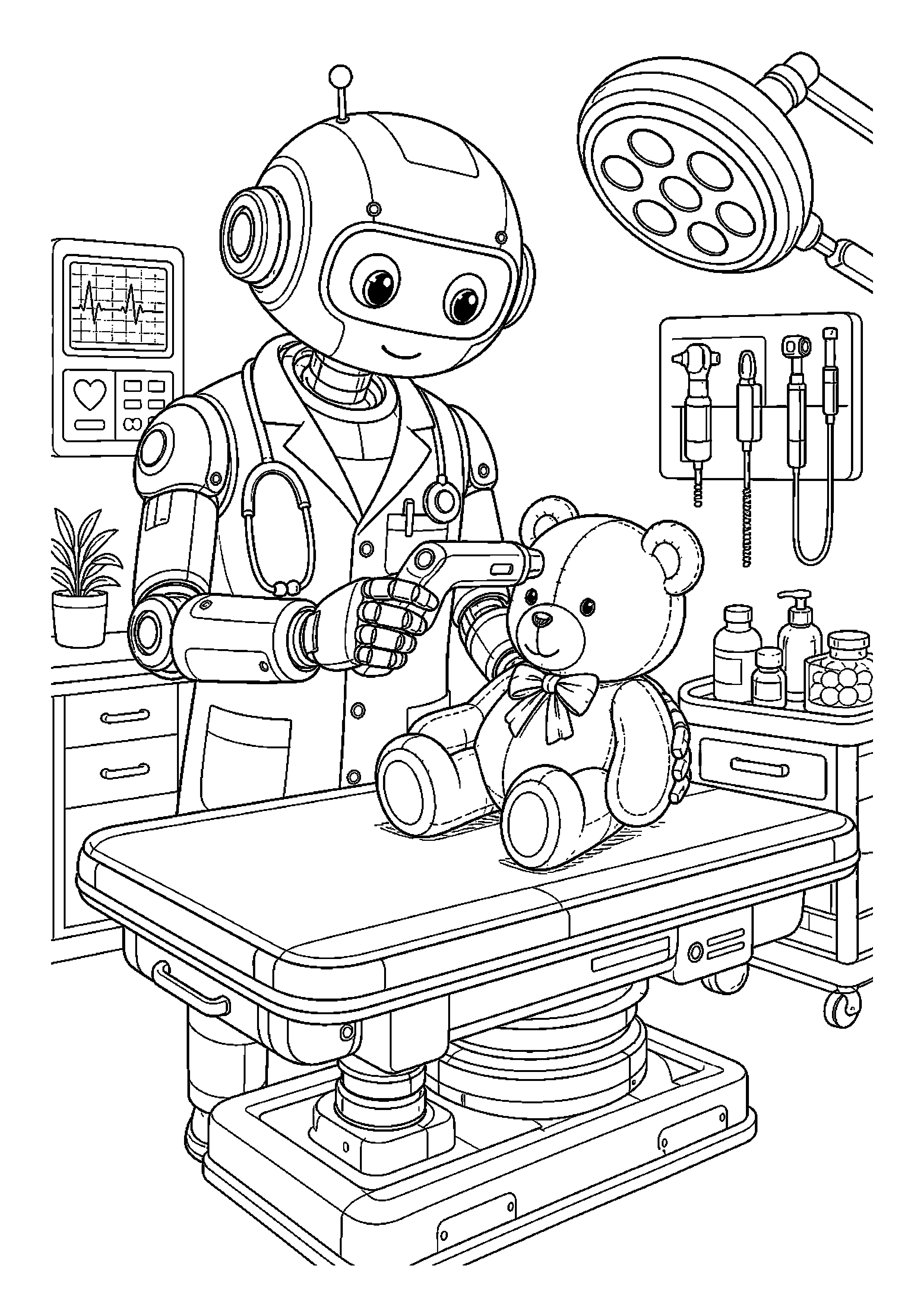Robot lekarz sprawdza temperaturę pluszaka przy stole diagnostycznym
