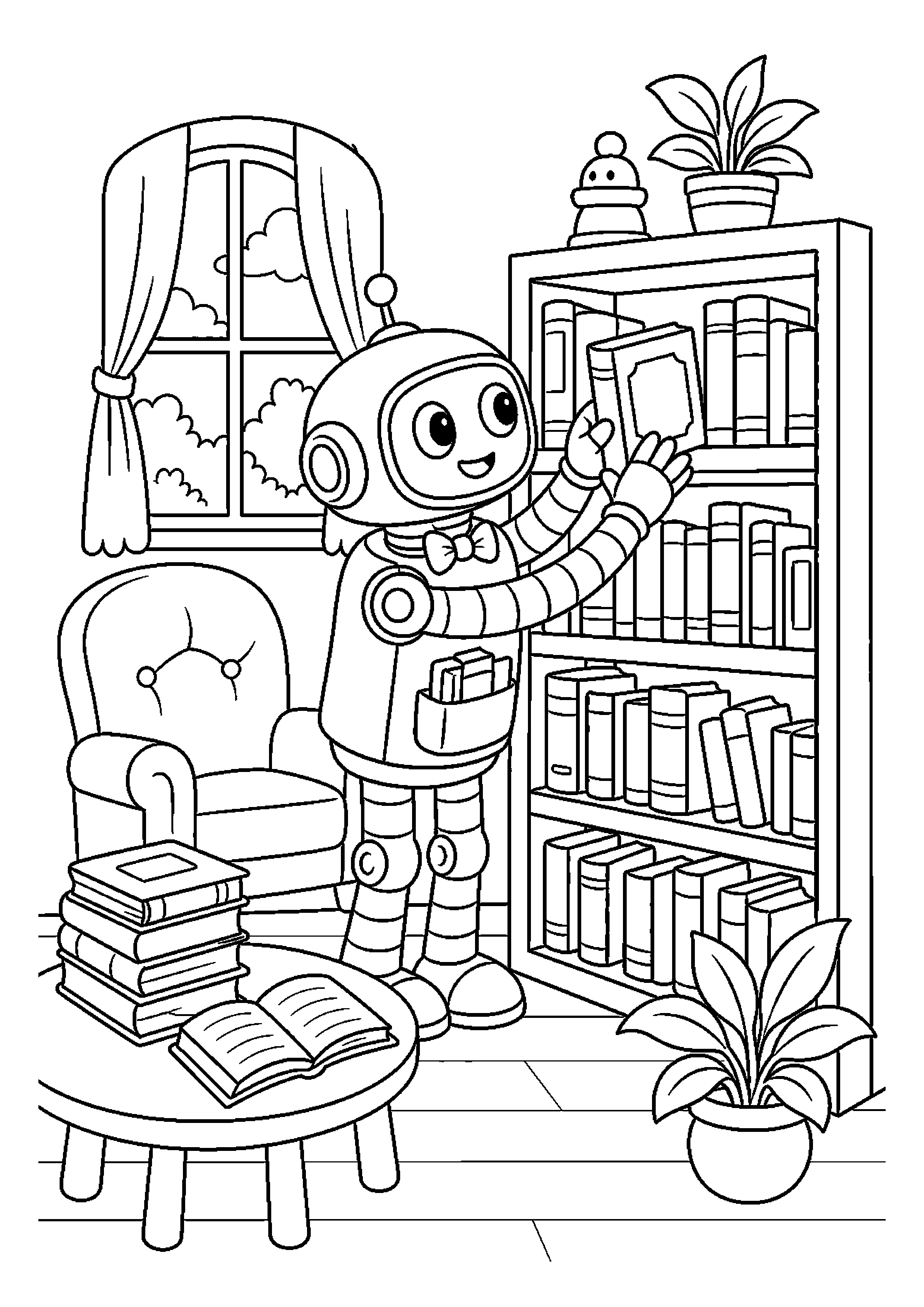 Robot bibliotekarz układa tomy na półce w czytelni