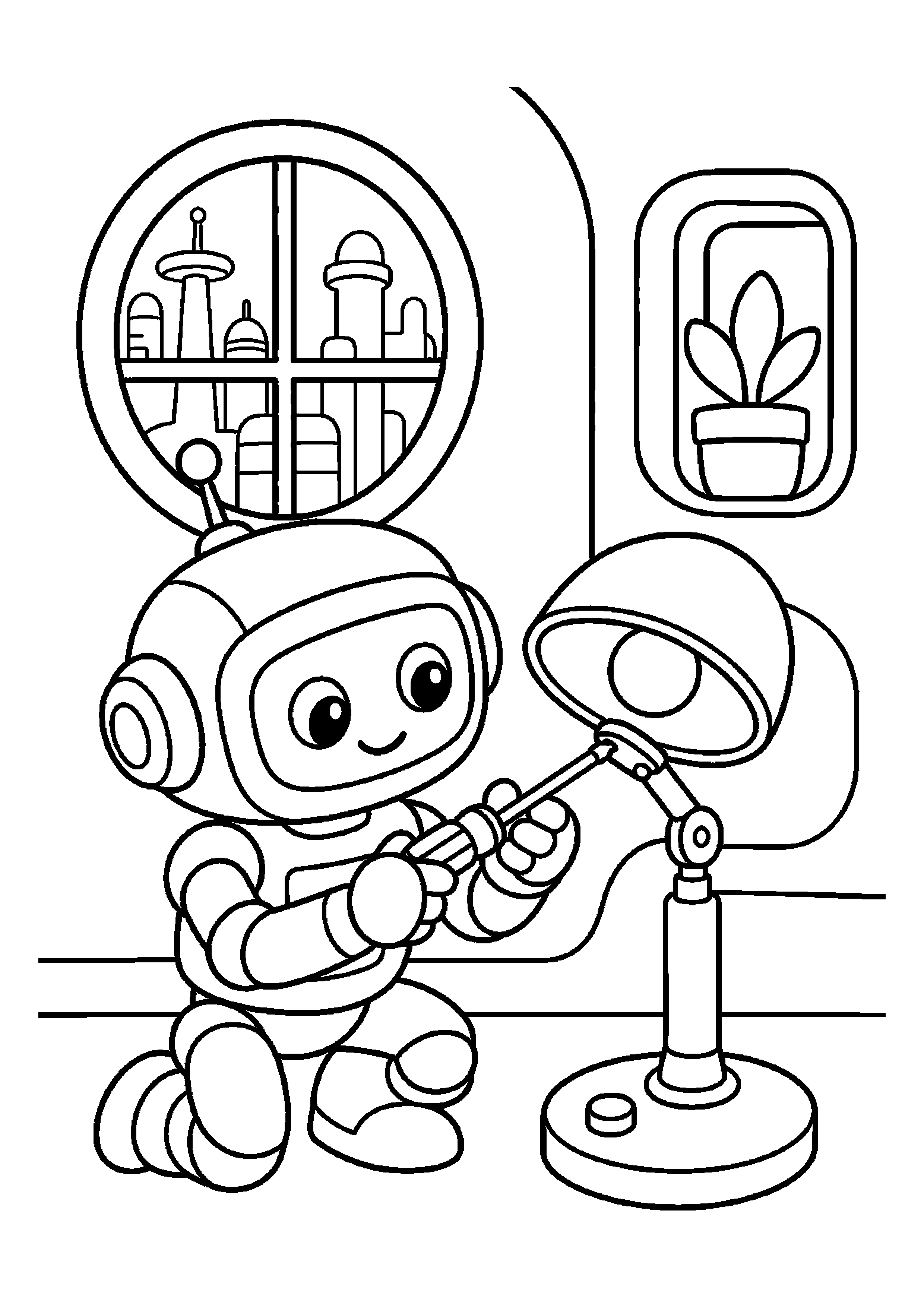 Robot naprawczy naprawia lampę w domu przyszłości