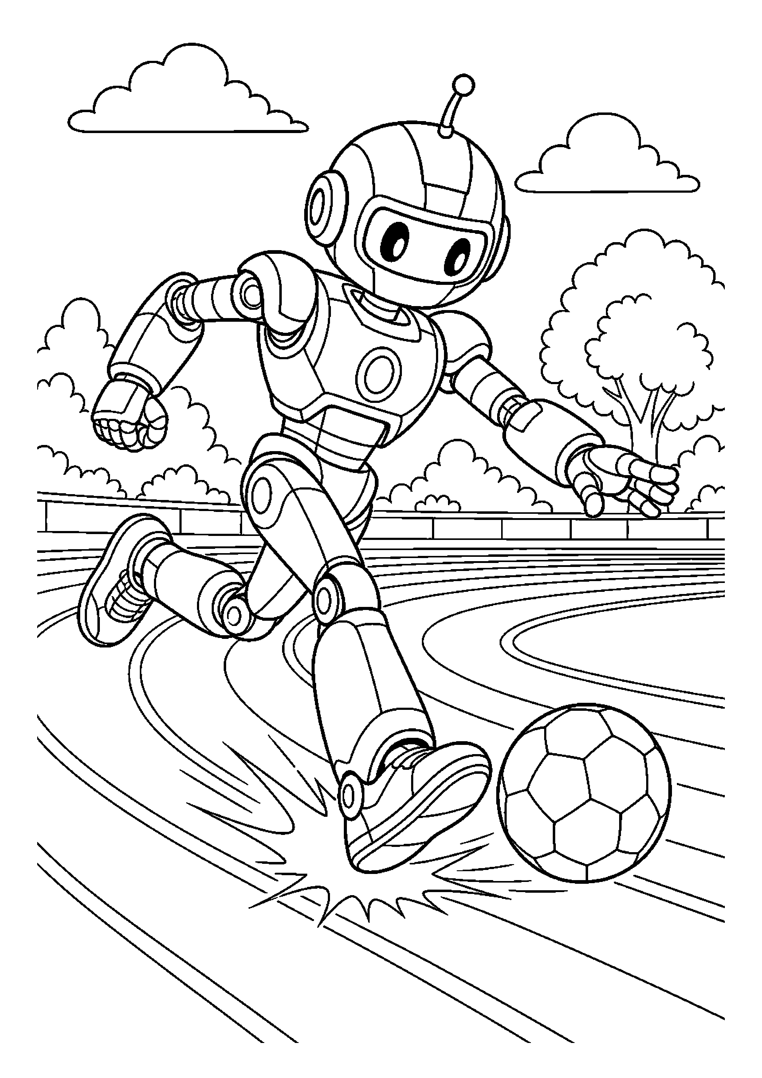 Robot sportowiec kopie piłkę na bieżni