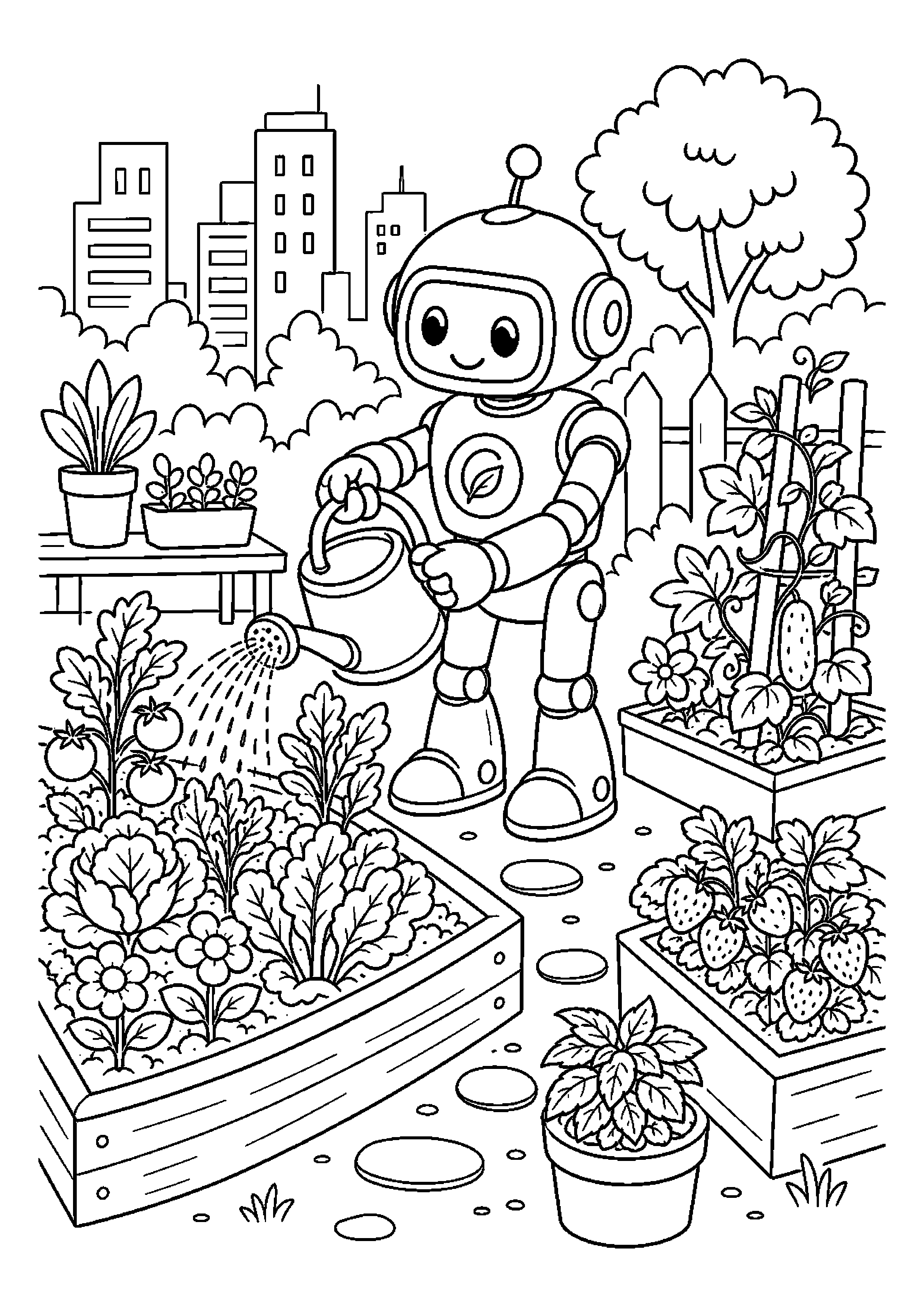 Robot ogrodnik podlewa grządki w miejskim ogrodzie