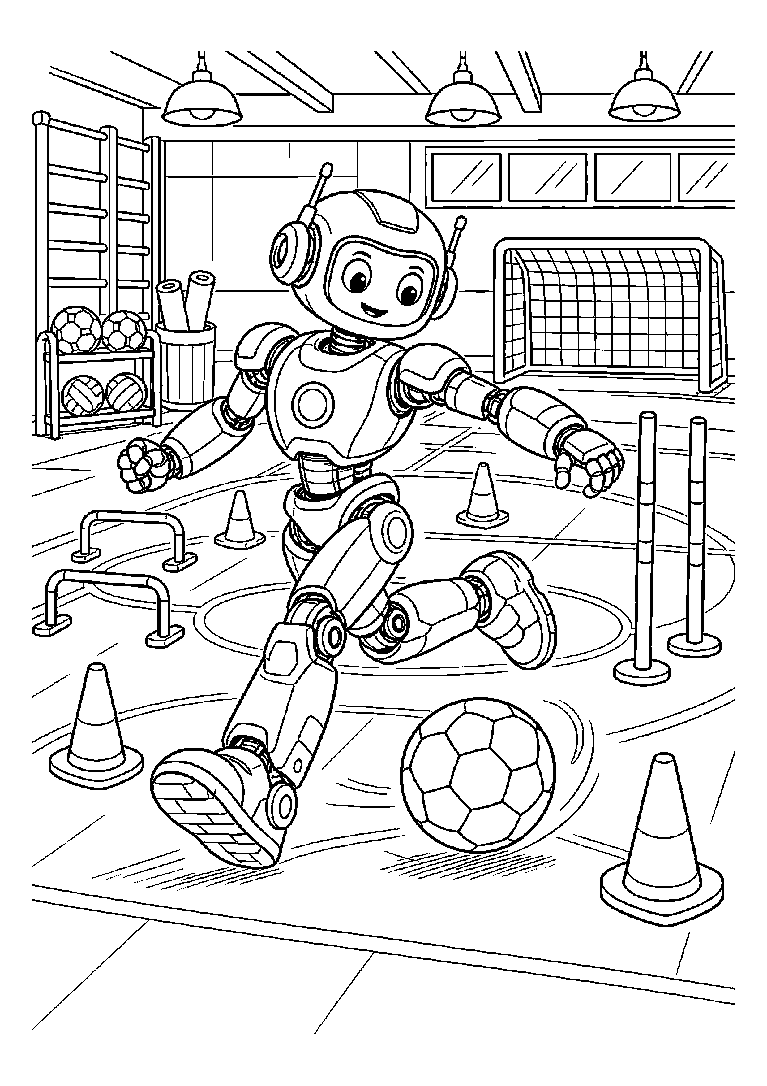 Robot sportowiec kopie piłkę w sali treningowej
