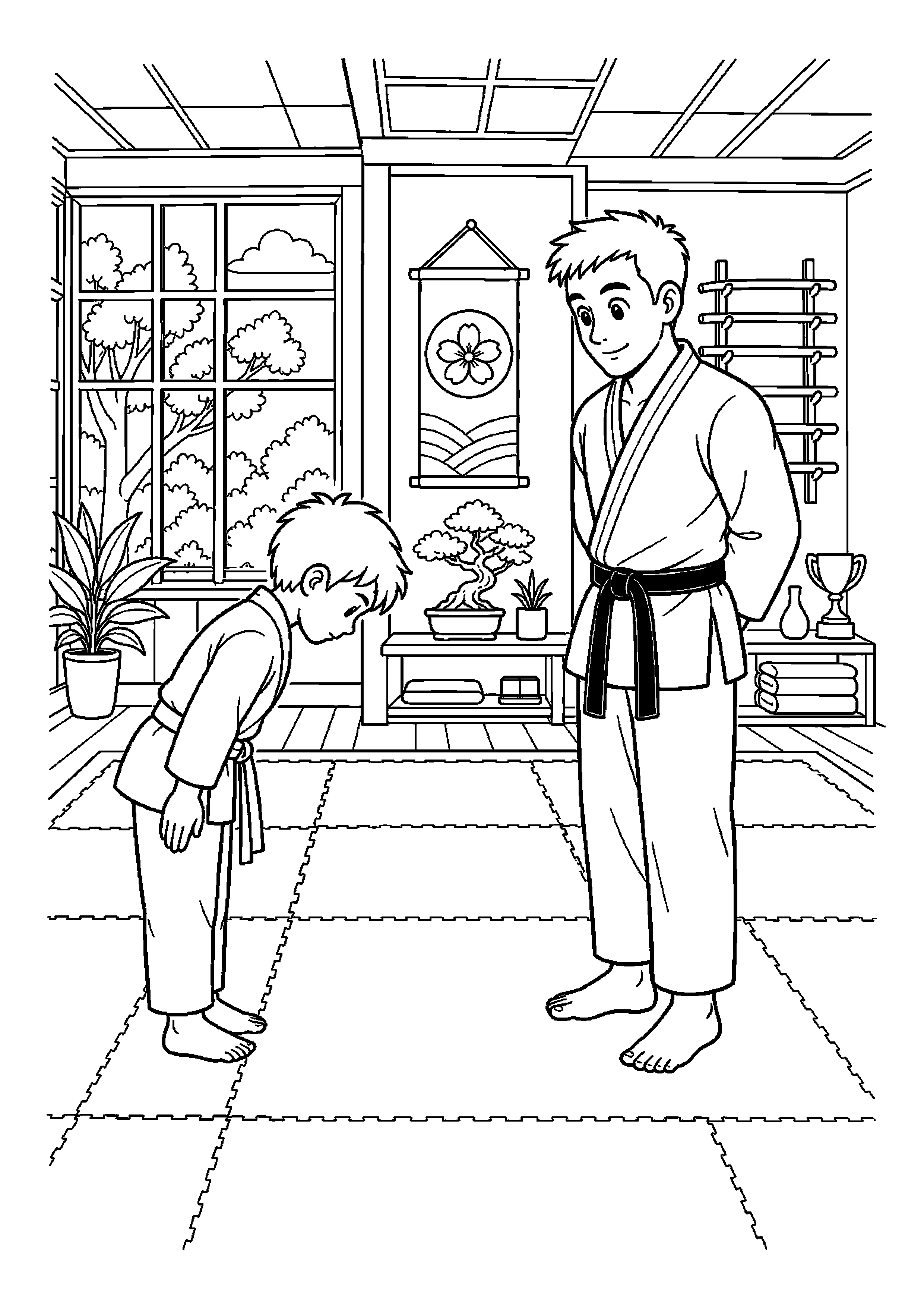 Karateka kłania się trenerowi na macie