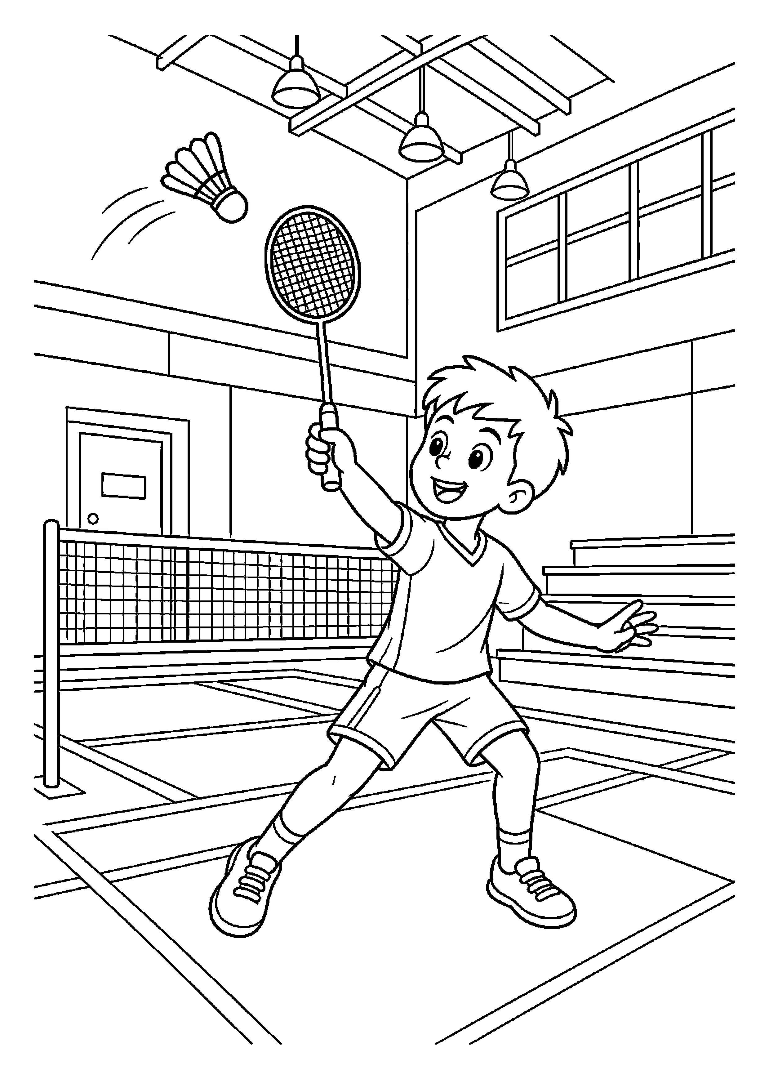 Badmintonistka odbija lotkę w sali gimnastycznej