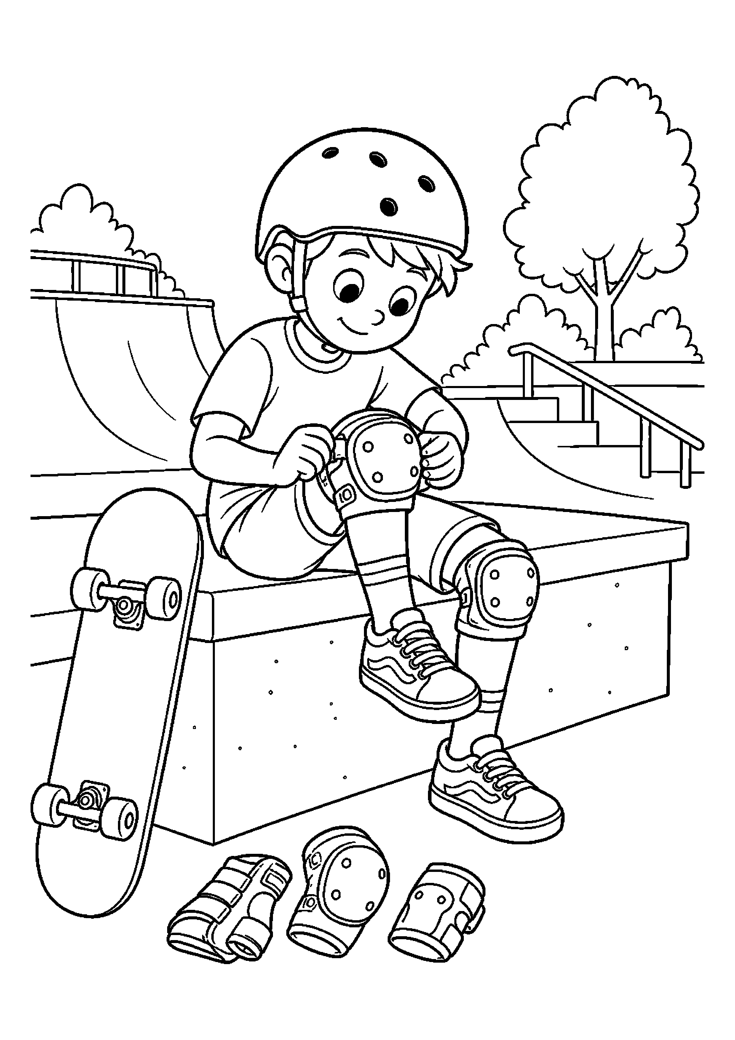 Deskorolkarka zakłada ochraniacze w skateparku