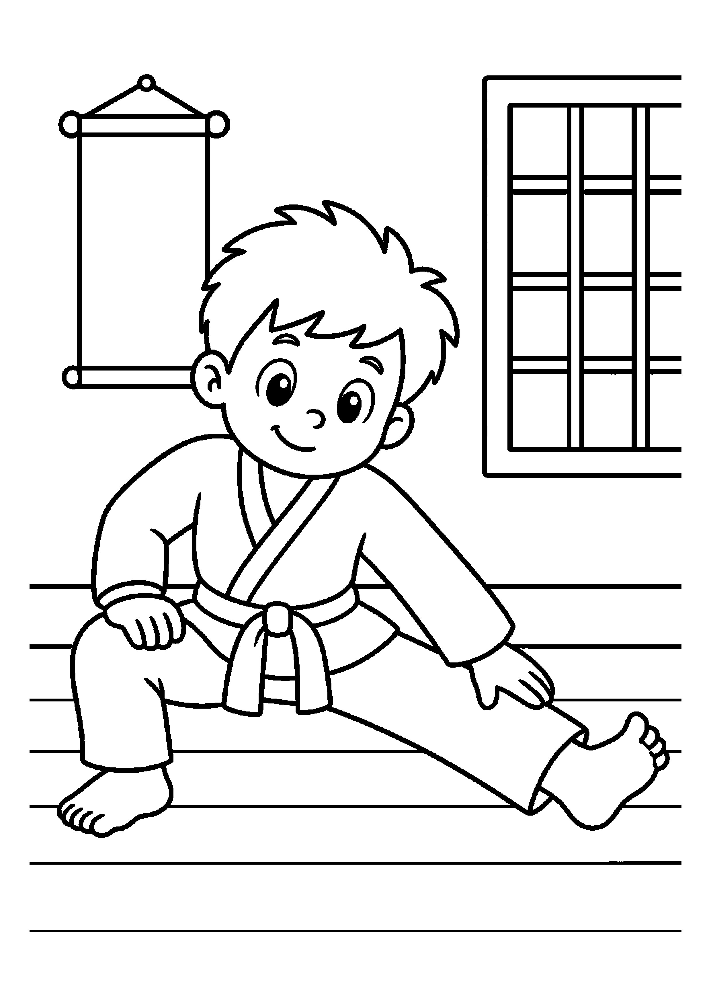 Karateka rozciąga się przed treningiem w dojo