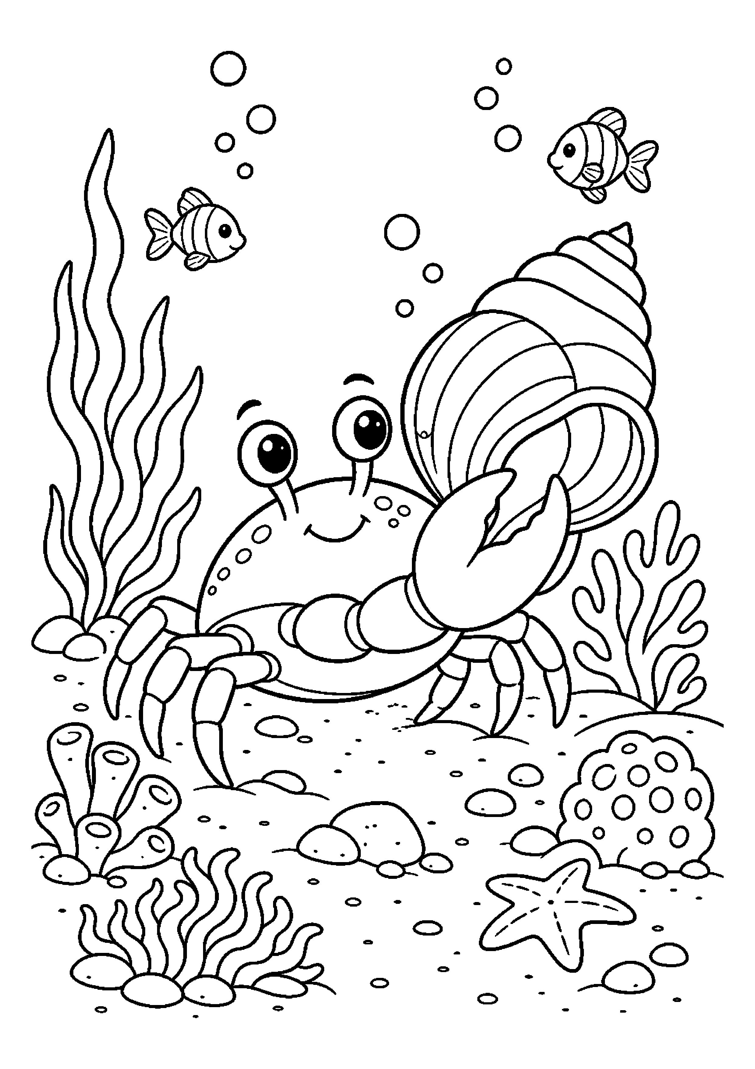 Krab niesie muszelkę na dnie oceanu