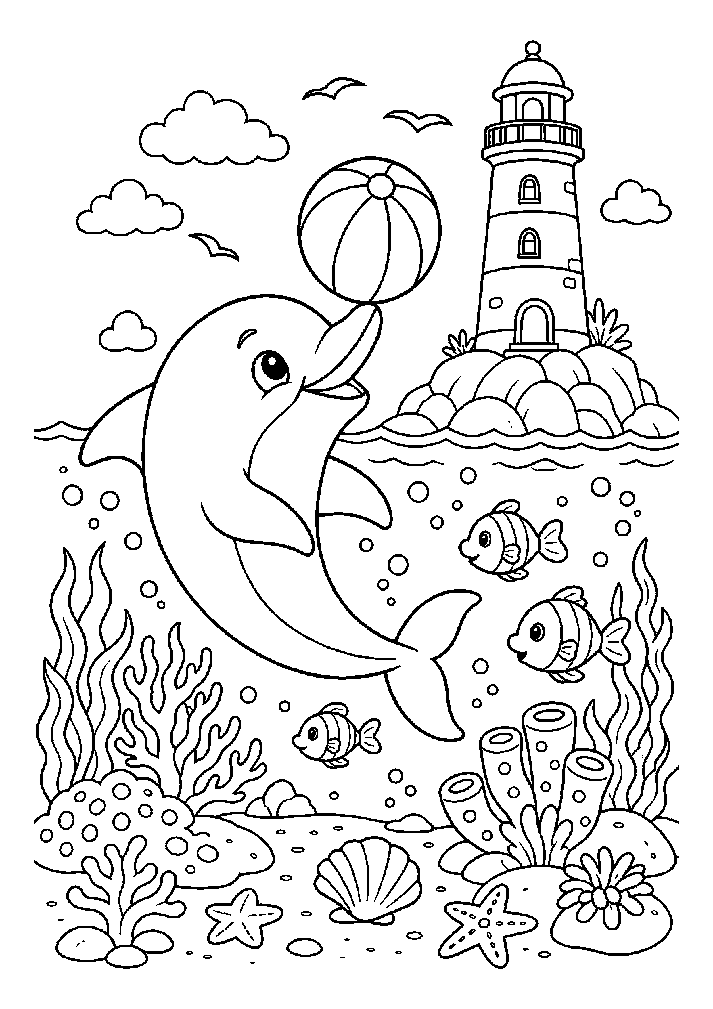 Delfin bawi się z piłką obok latarni morskiej