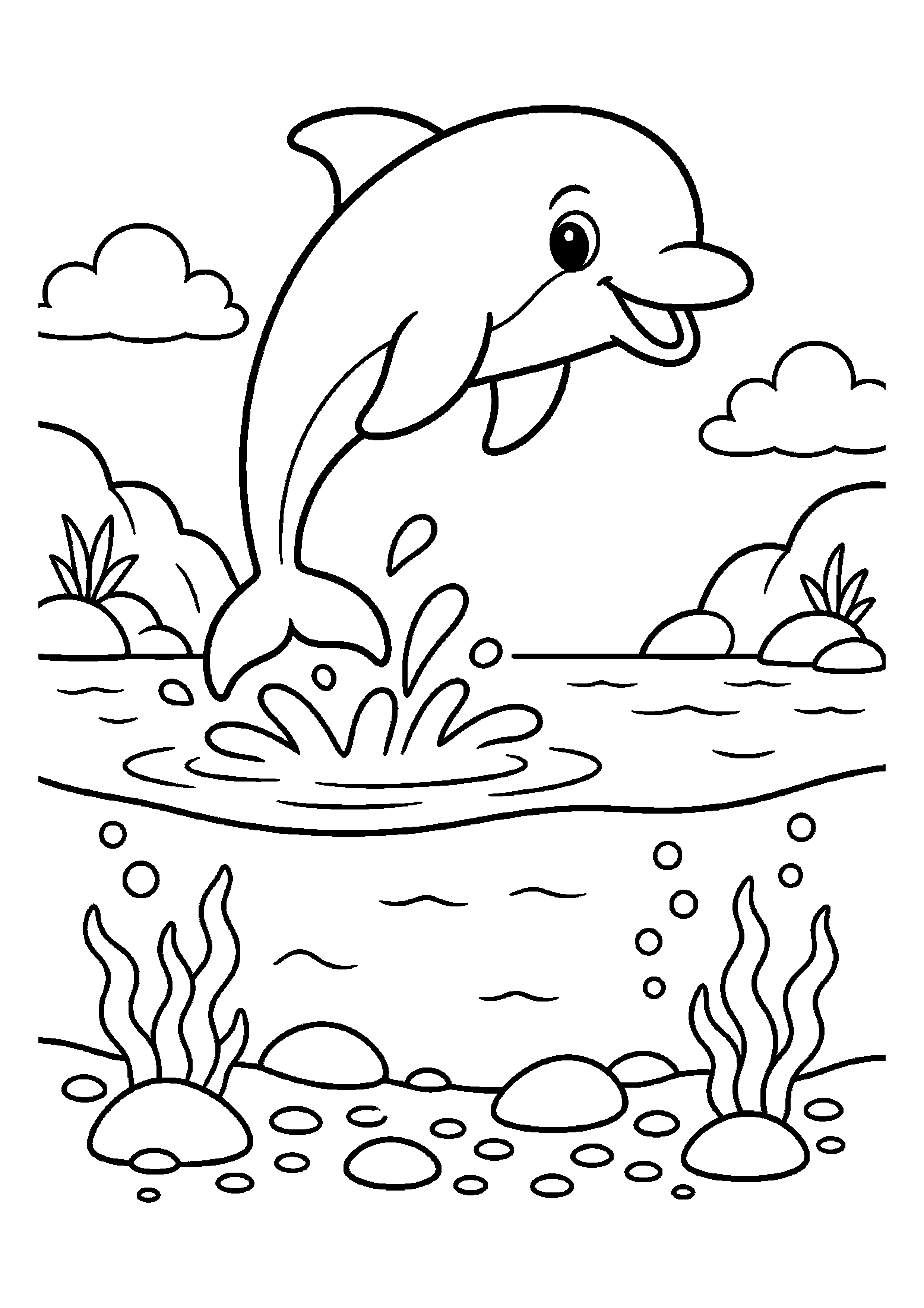 Delfin wyskakuje z wody nad spokojną zatoką z małymi kamykami na dnie