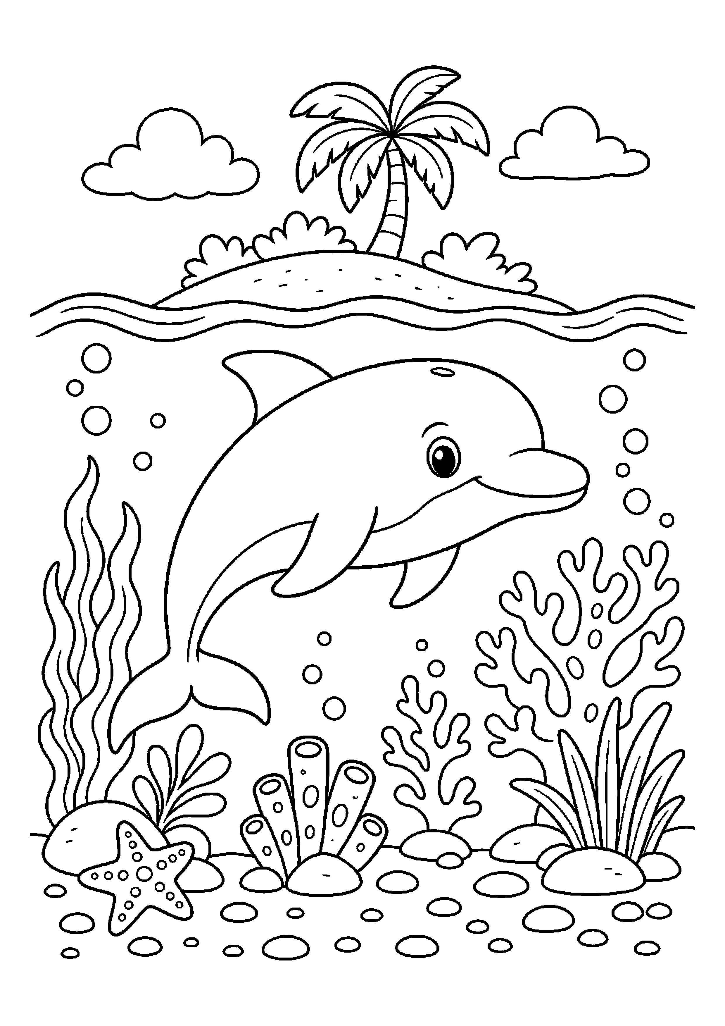 Delfin płynie przy wyspie z małymi kamykami na dnie